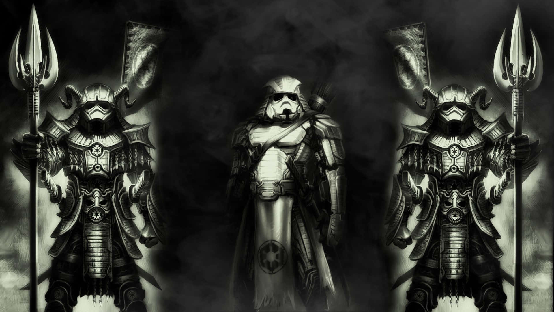 samurai armor, dark metallic suits, trident-like weapon, Full HD Desktop Wallpaper