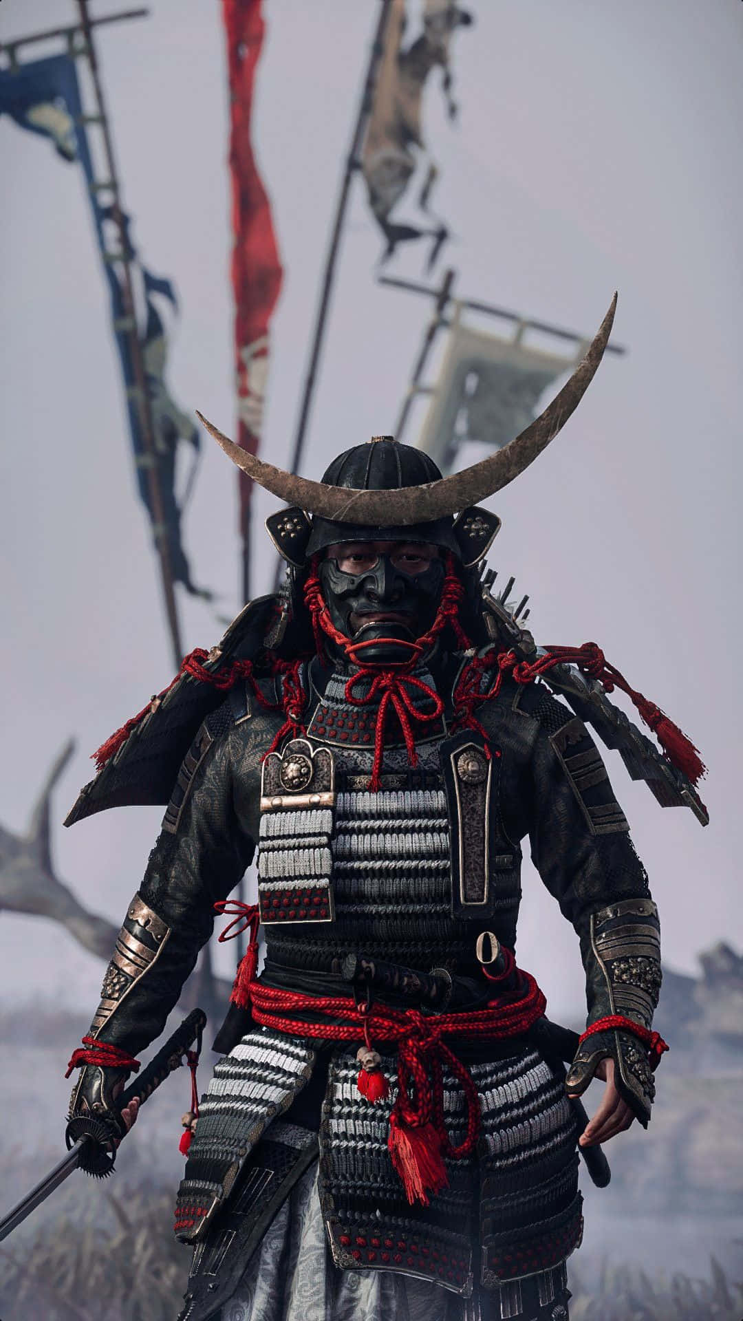 samurai armor, black armor, red accents, Full HD Phone Wallpaper