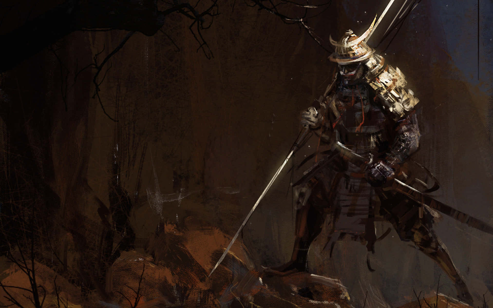 samurai armor, sword, dark forest, Full HD Desktop Wallpaper