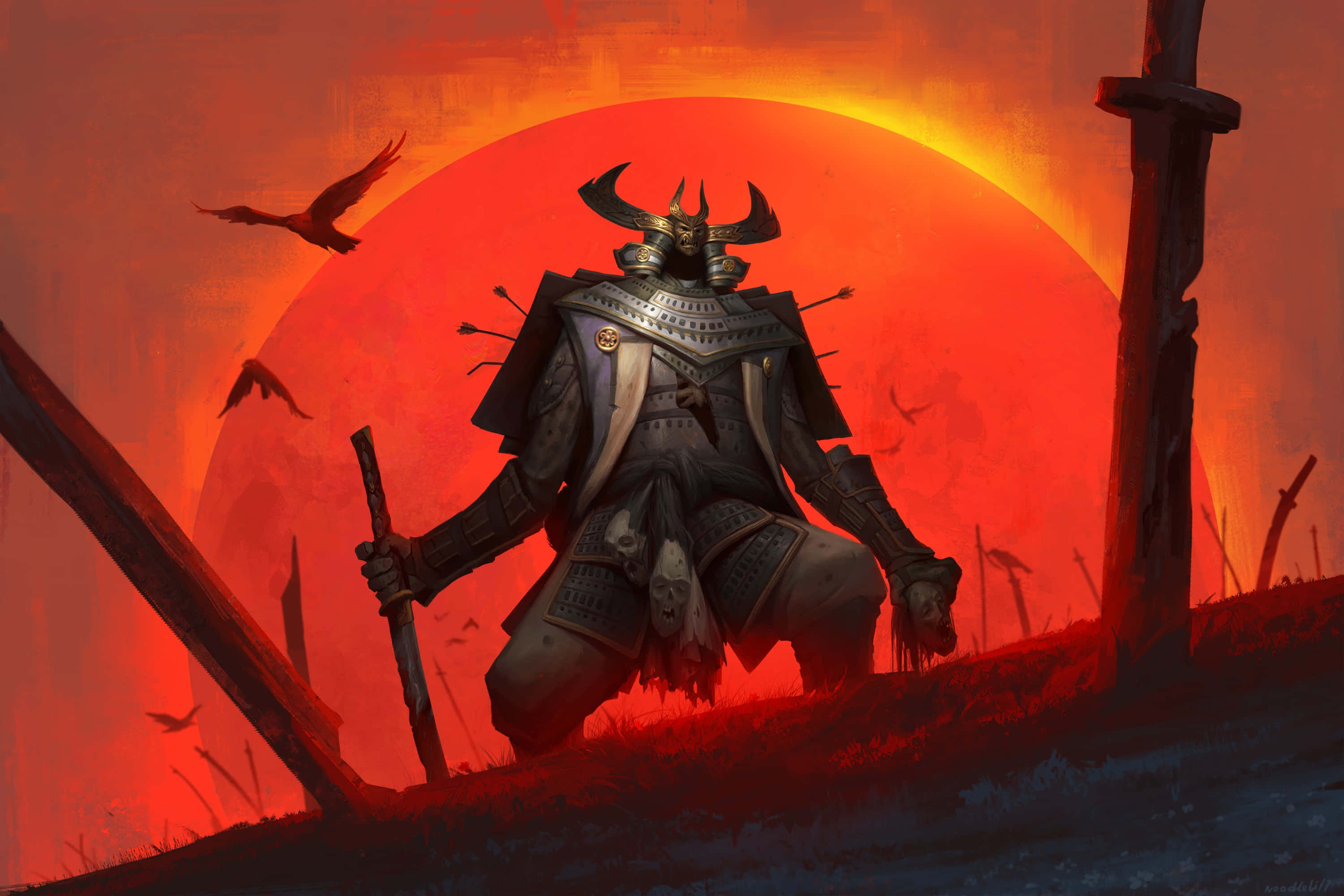samurai armor, blood-red sun, crows, 2K Desktop Wallpaper