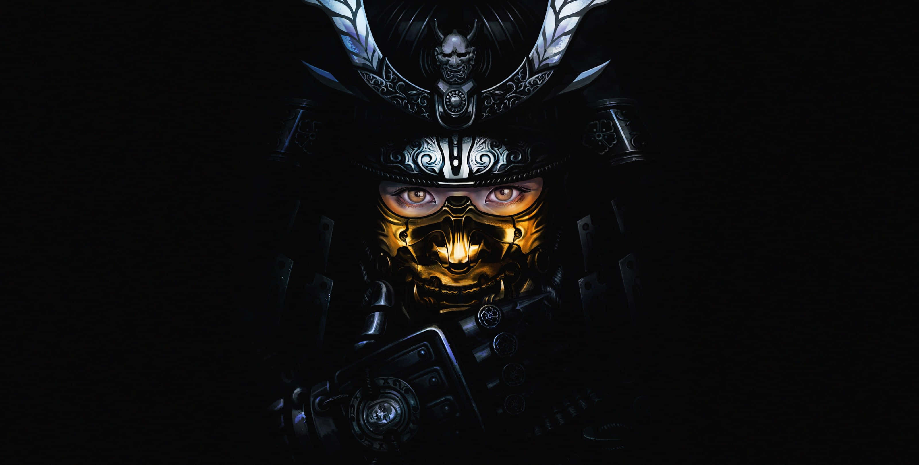 samurai armor, ornate black armor, glowing golden eyes, 2K Desktop Wallpaper