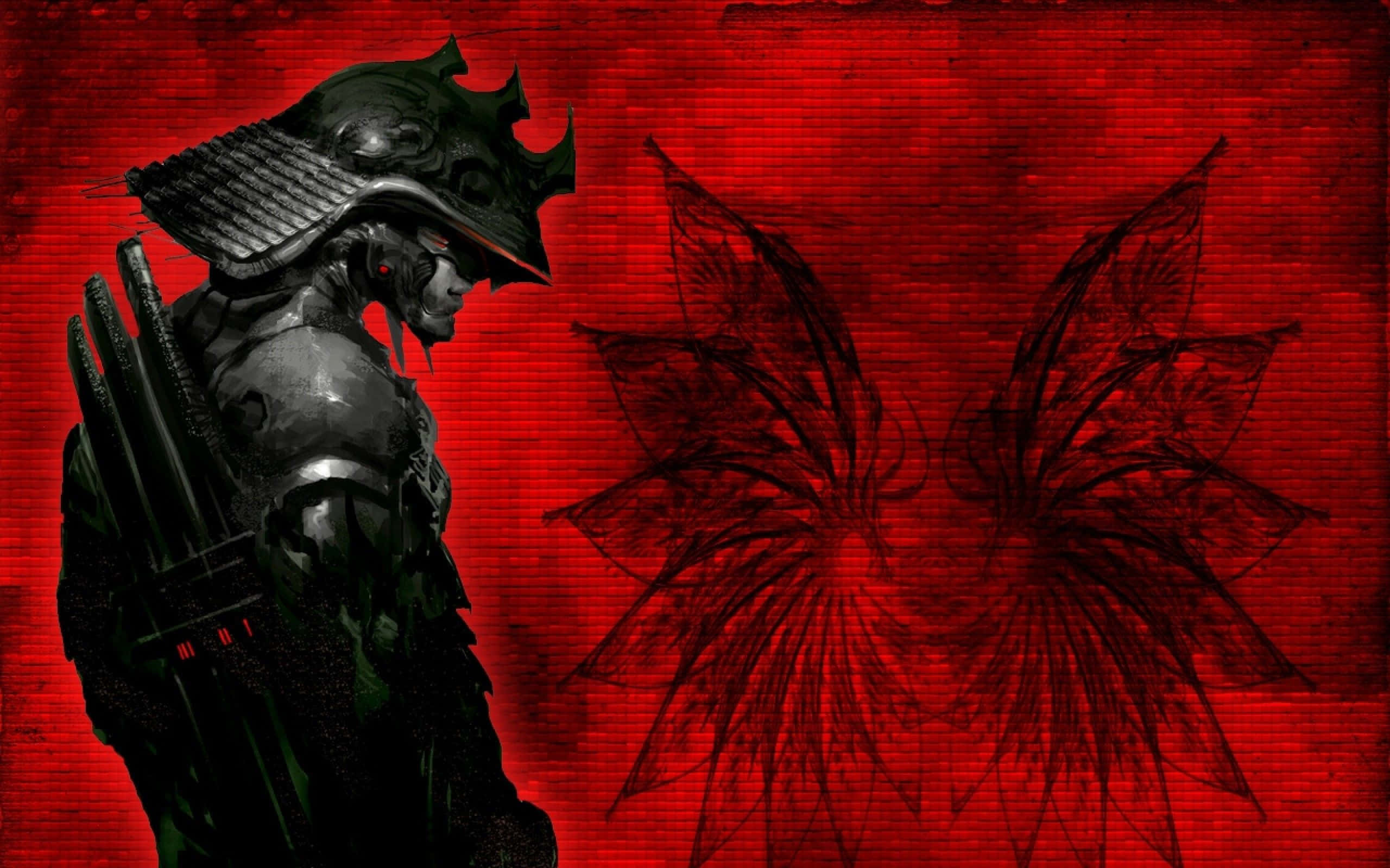samurai armor, crimson background, black floral patterns, 2K Desktop Wallpaper