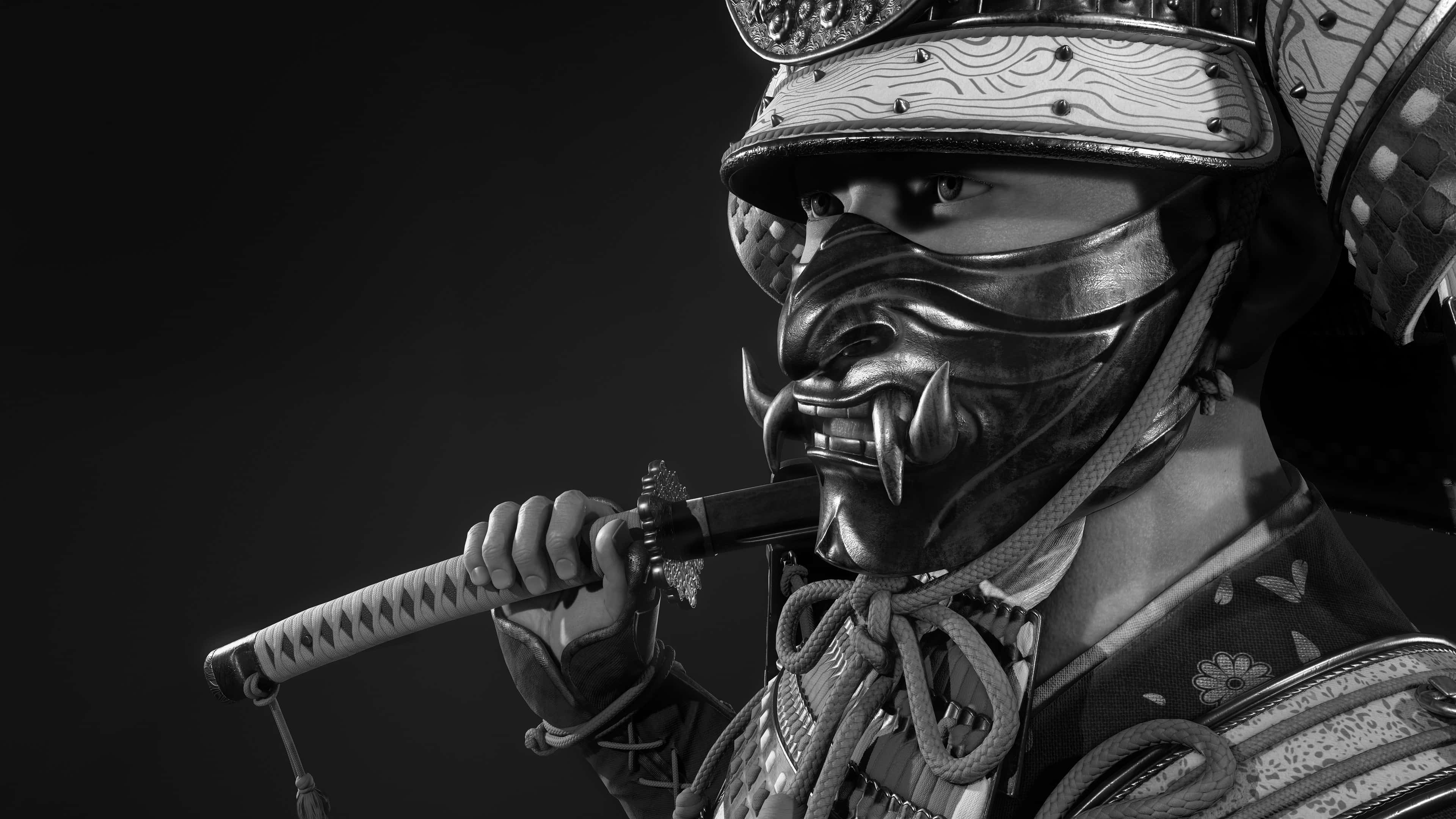 samurai armor, katana, black background, 4K Desktop Wallpaper