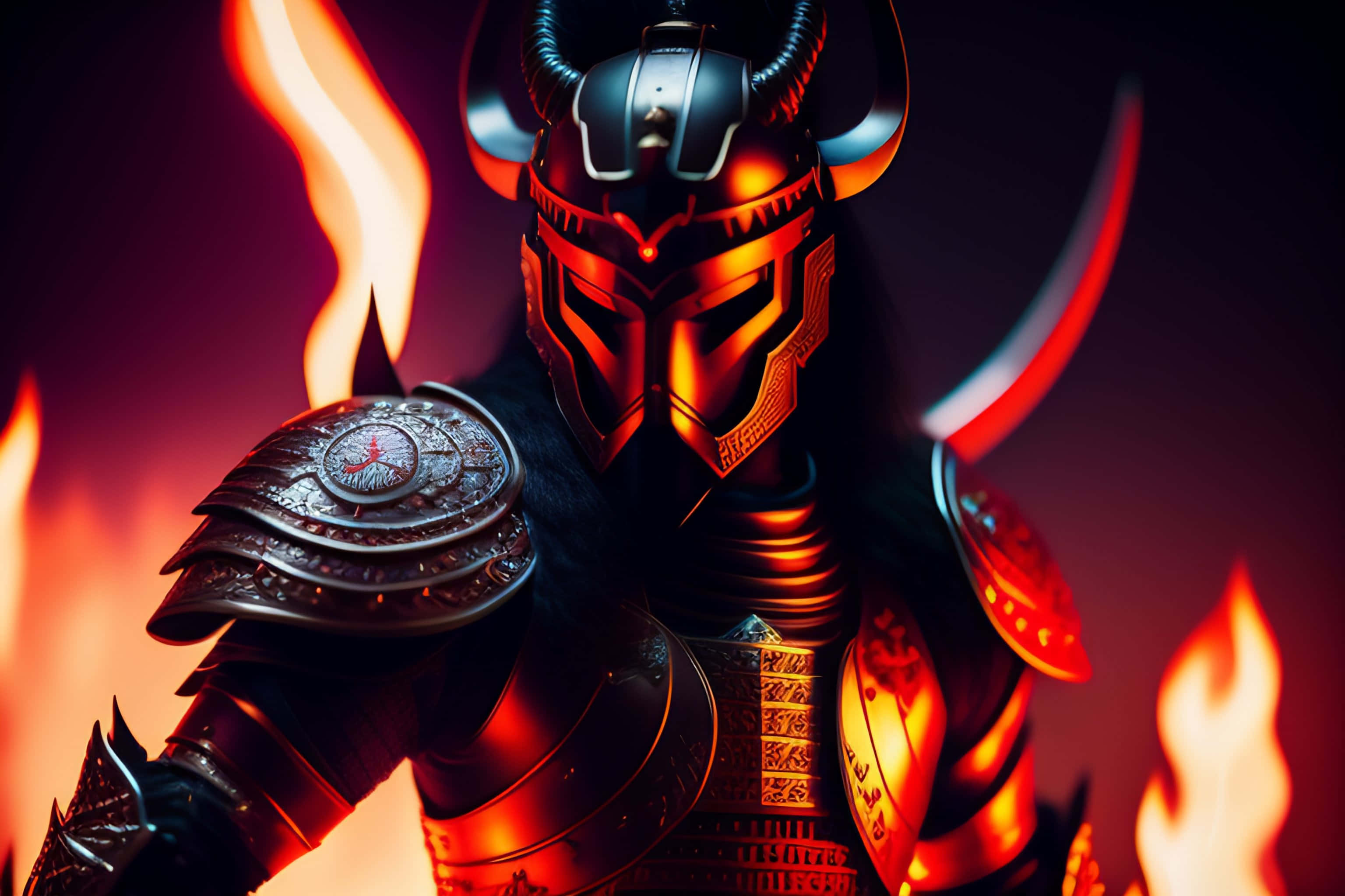 samurai armor, dark armor, roaring flames, 2K Desktop Wallpaper