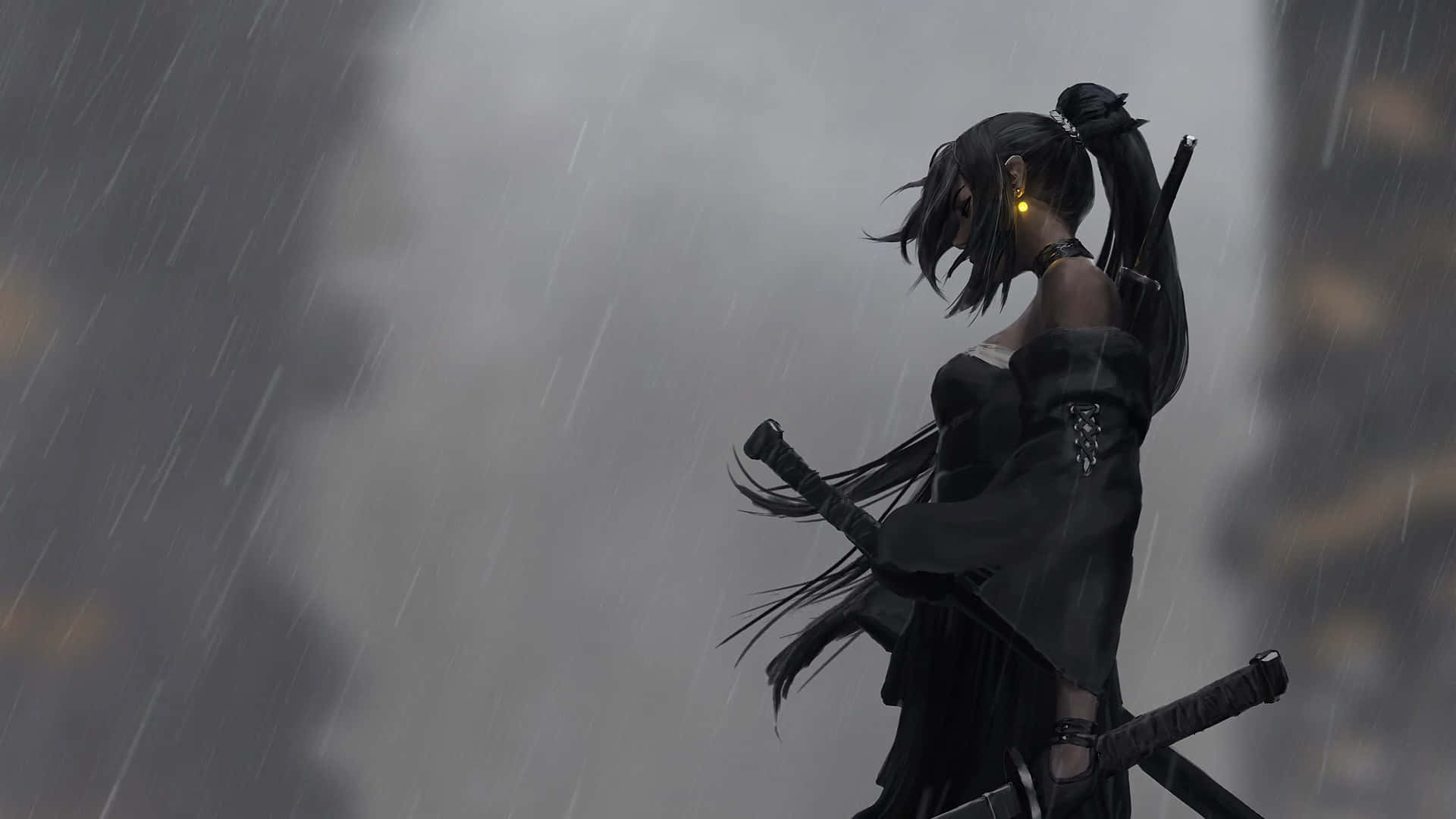 female samurai, dual swords, downpour, Full HD Desktop Wallpaper