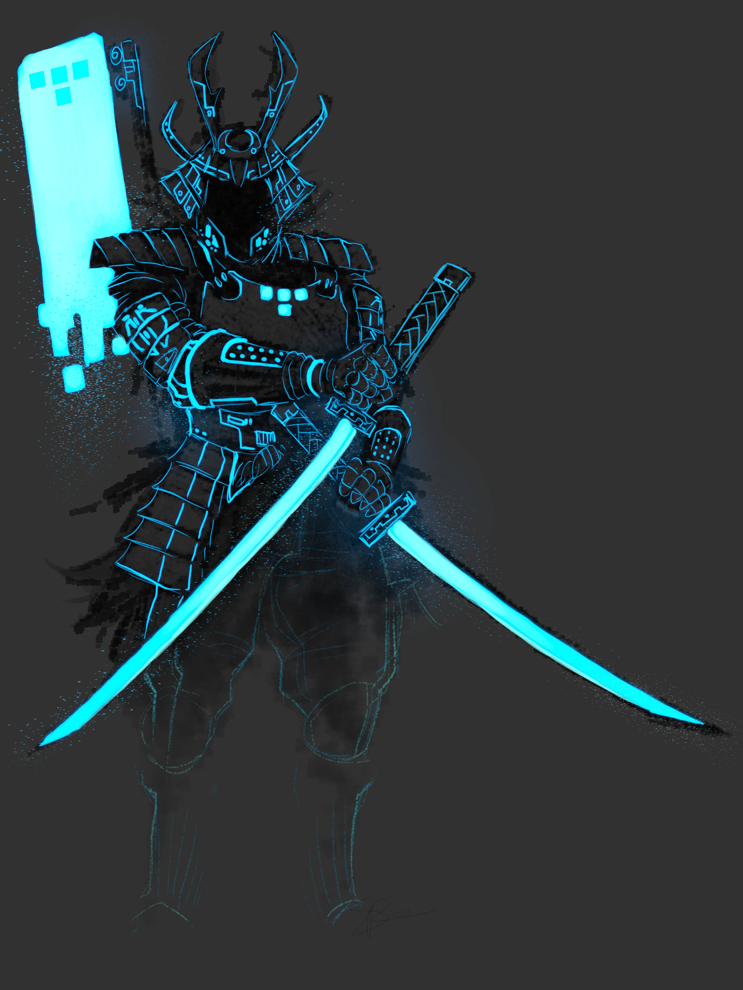 glowing blue neon, samurai warrior, detailed armor, 2K Phone Wallpaper