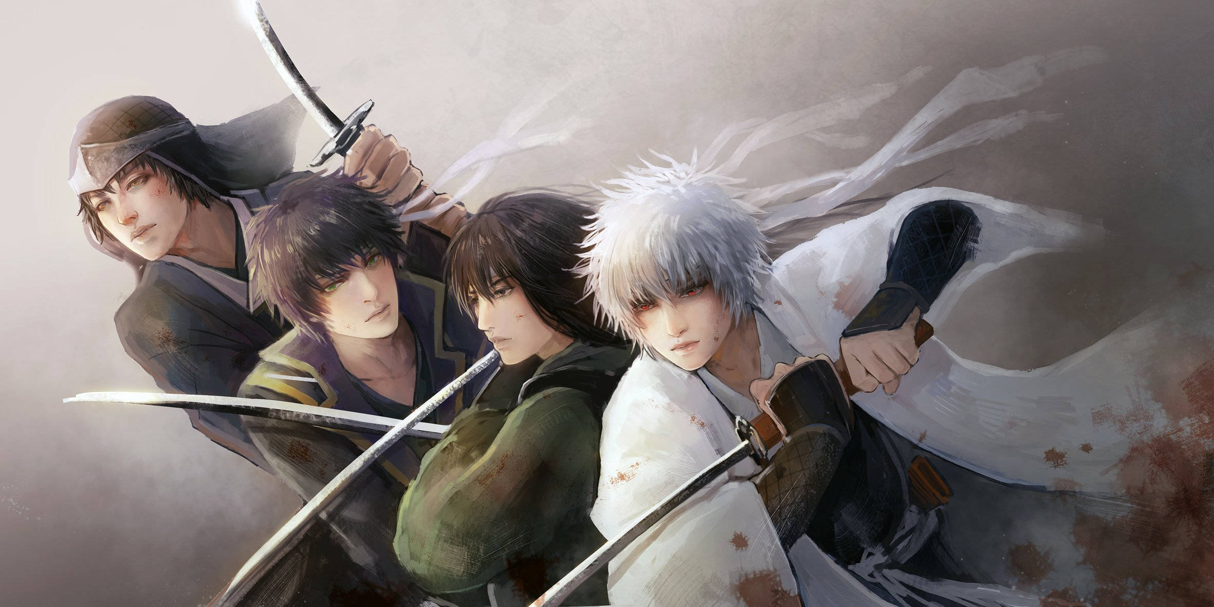 anime samurai, four anime warriors, dynamic combat stances, Full HD Desktop Wallpaper
