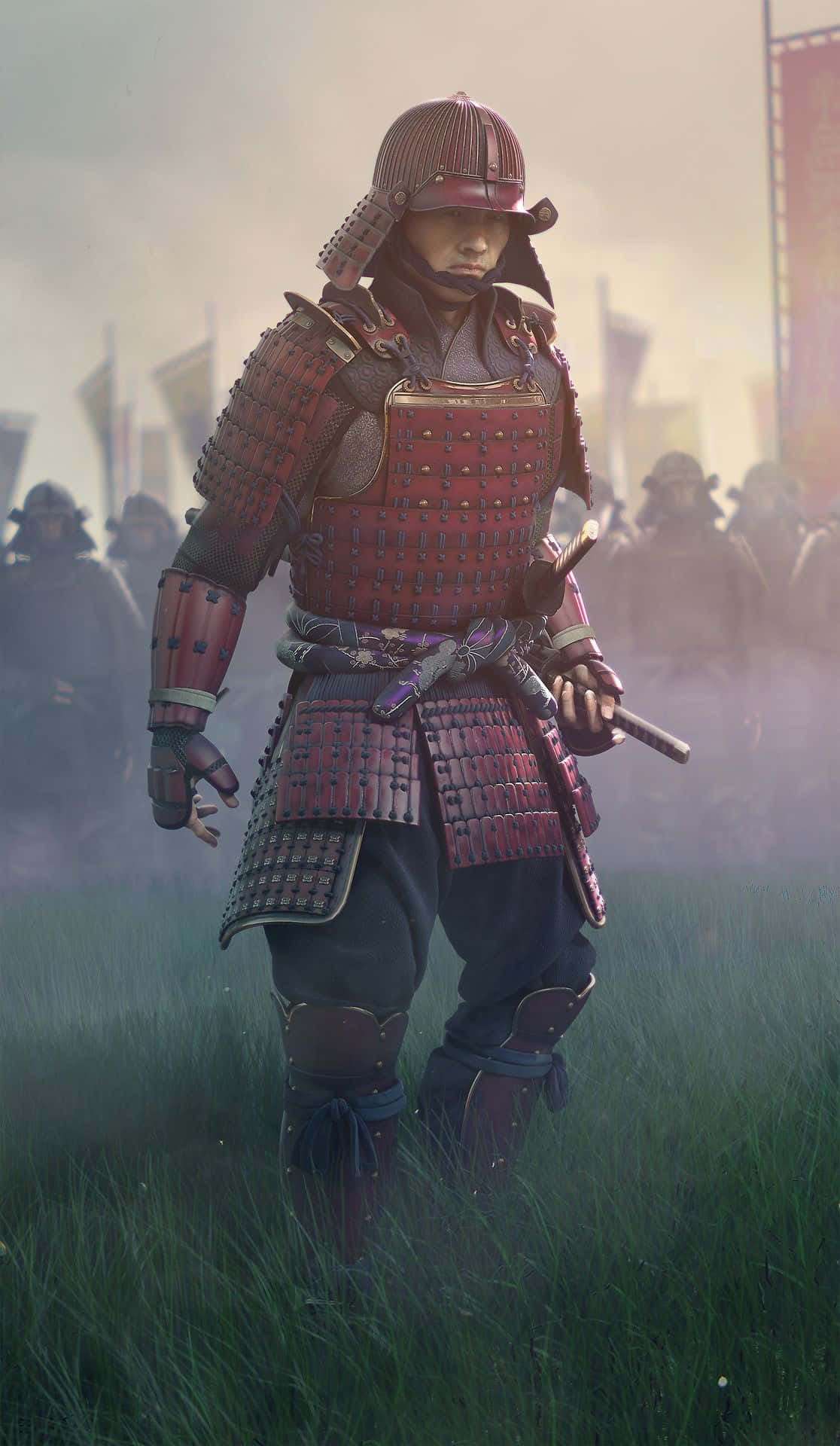samurai armor, red and black armor, tall grass, Full HD Phone Wallpaper