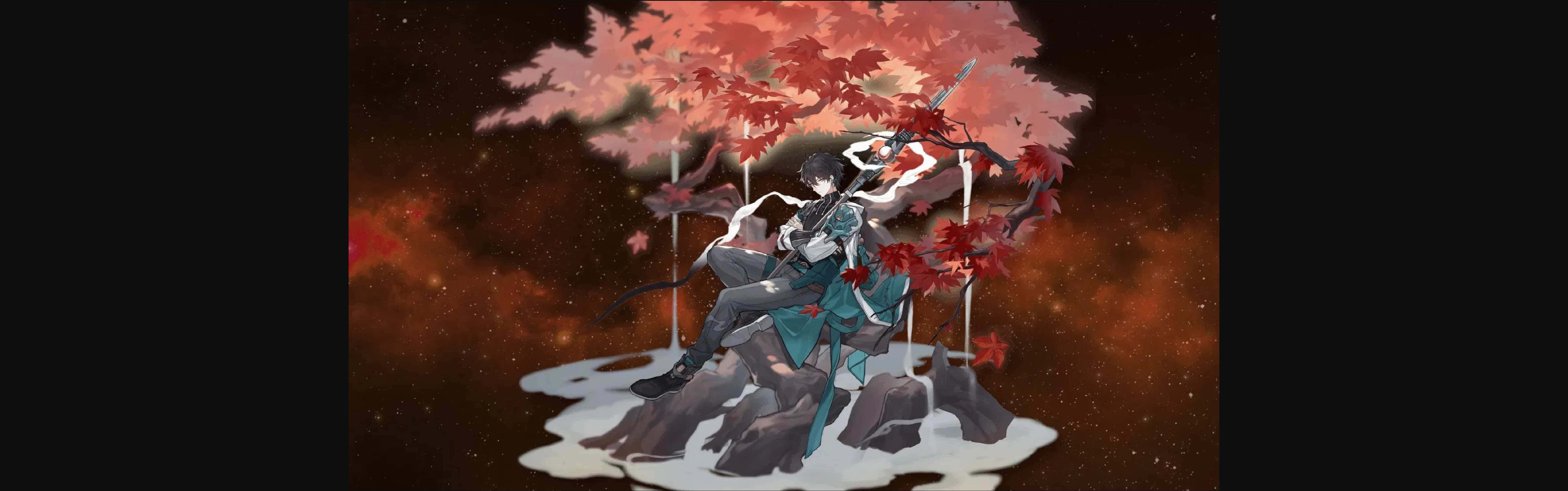 samurai warrior, teal armor, glowing red maple tree, 5K Desktop Wallpaper