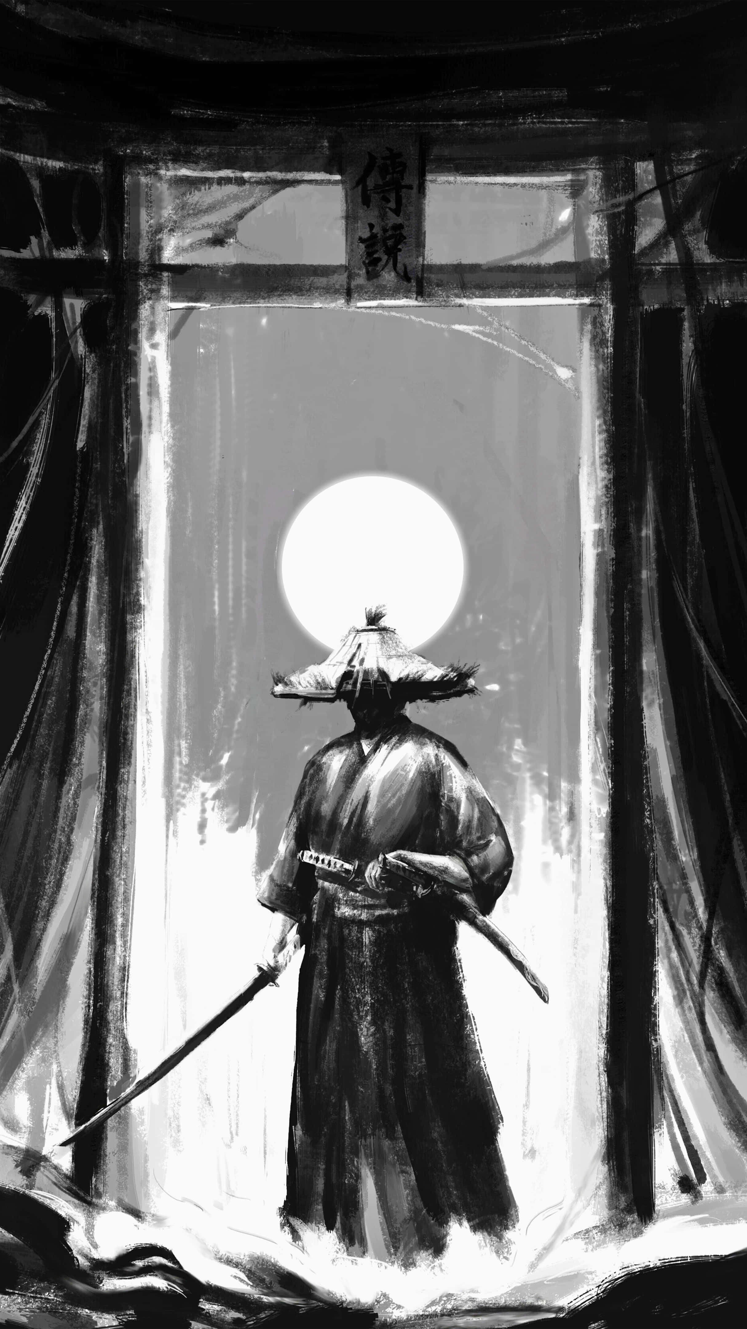 white moon samurai, straw hat, glowing full moon, 4K Phone Wallpaper