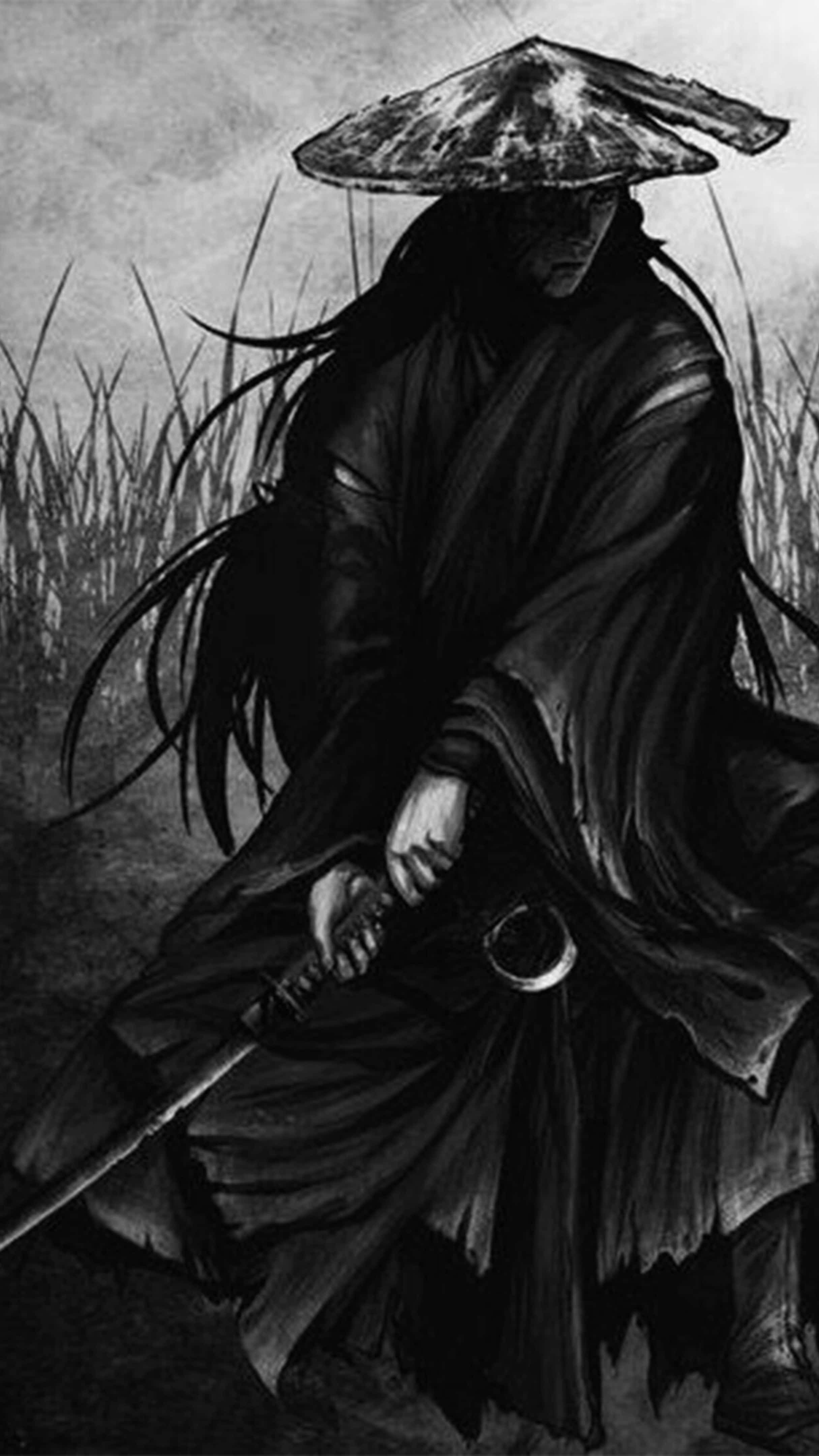 warrior samurai, samurai, wide-brimmed hat, 4K Phone Wallpaper