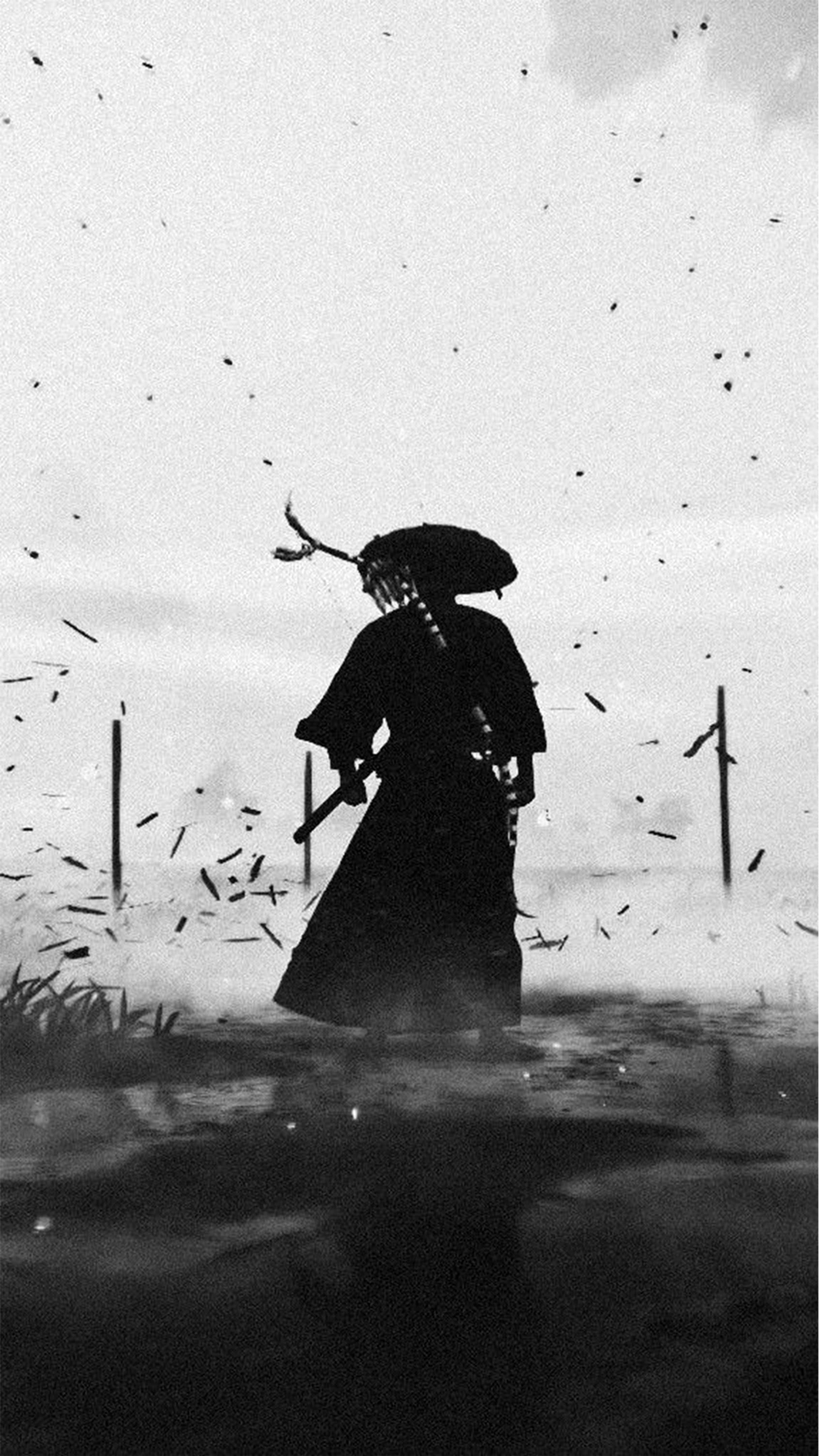 samurai, silhouette, umbrella, 4K Phone Wallpaper