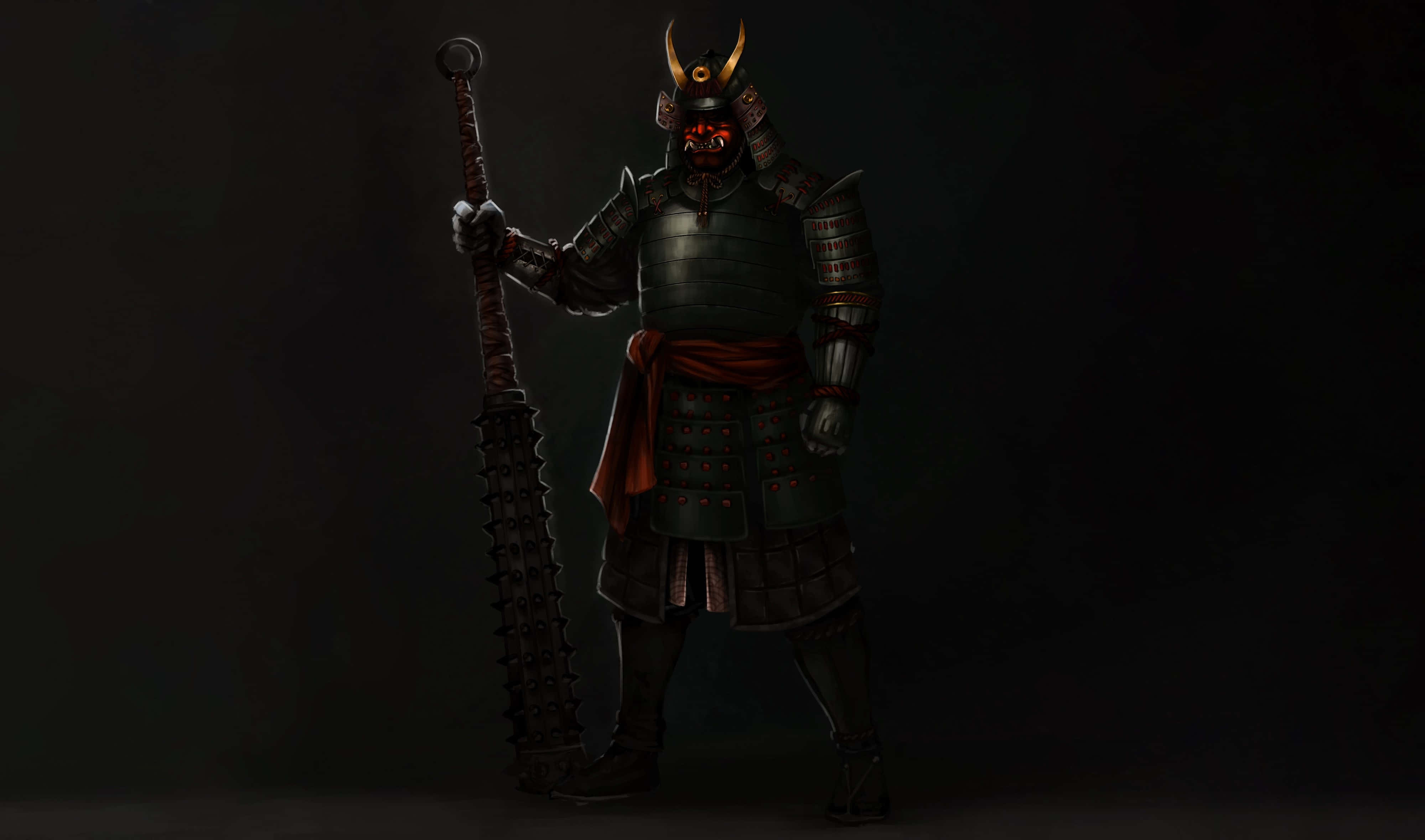 samurai armor, spiked halberd, glowing red eyes, 4K Desktop Wallpaper