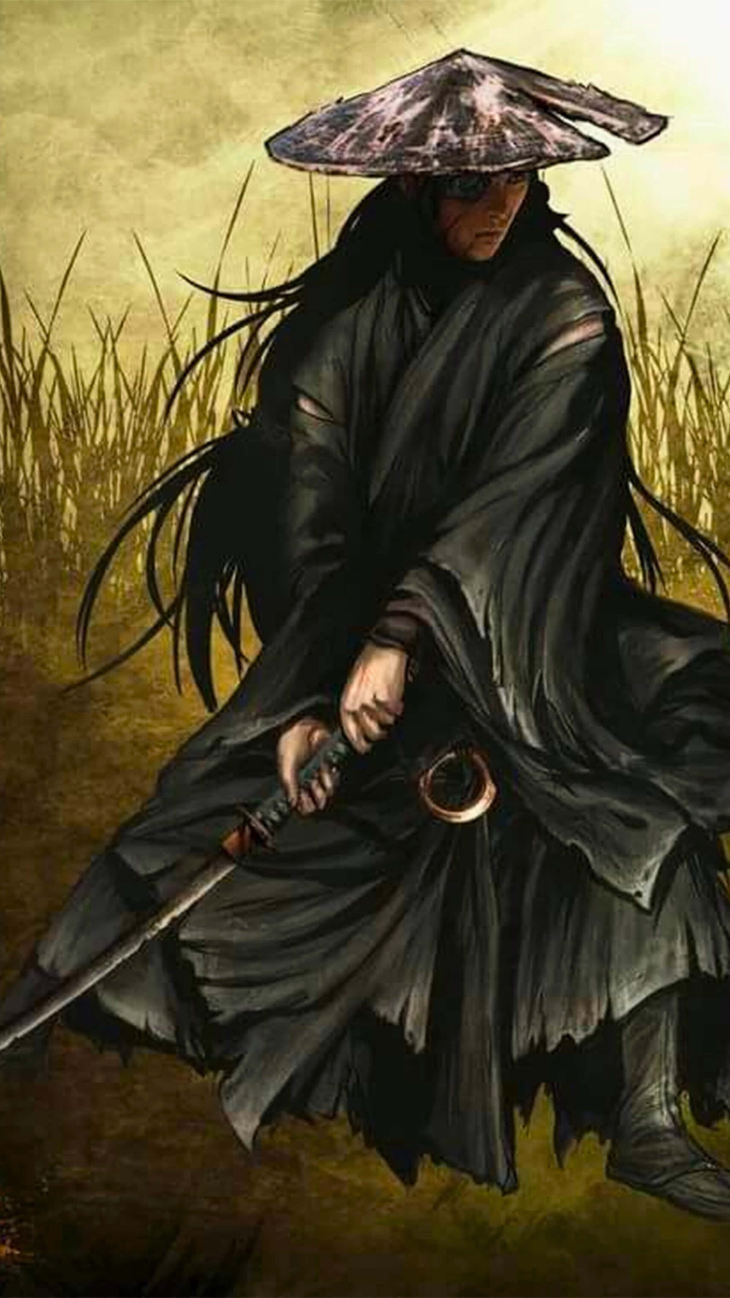 warrior samurai, tattered black robe, wide-brimmed hat, 4K Phone Wallpaper