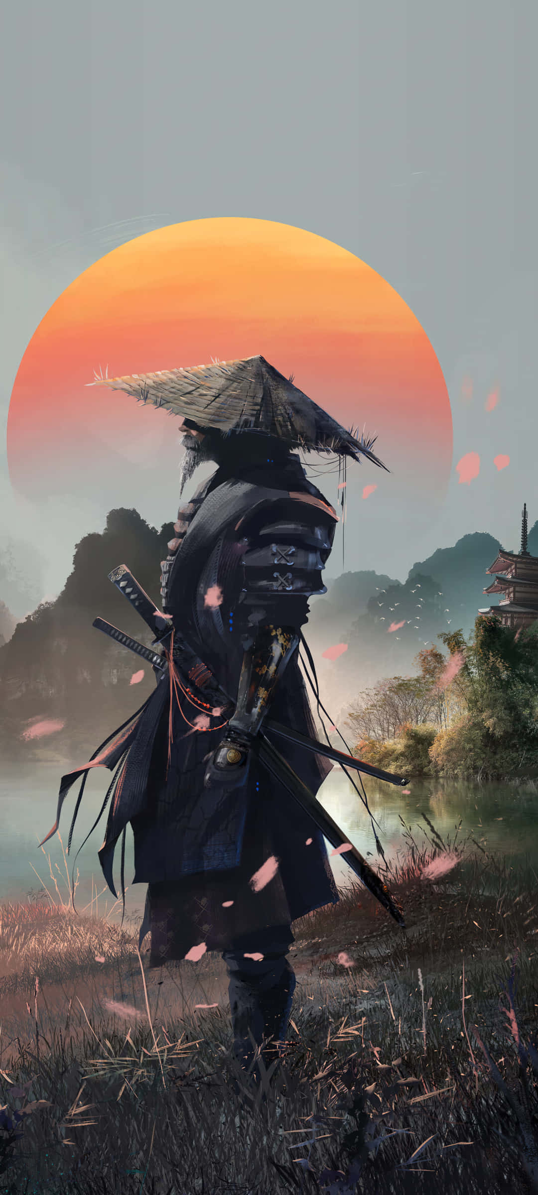 samurai anime, dark armor, straw hat, Full HD Phone Wallpaper