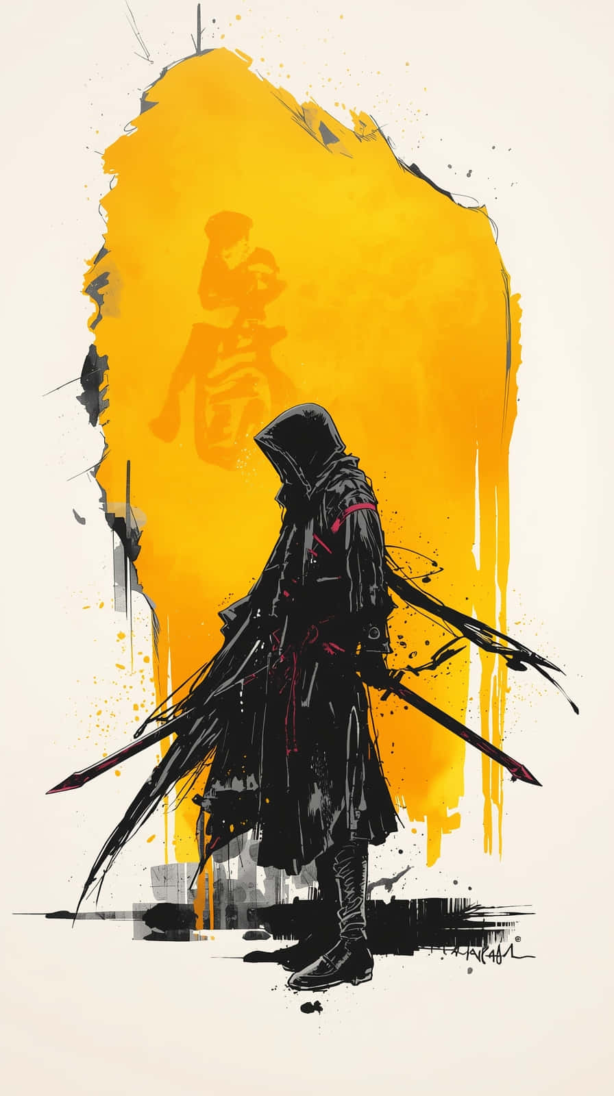 hooded warrior, black armor, vibrant yellow splash, HD Phone Wallpaper
