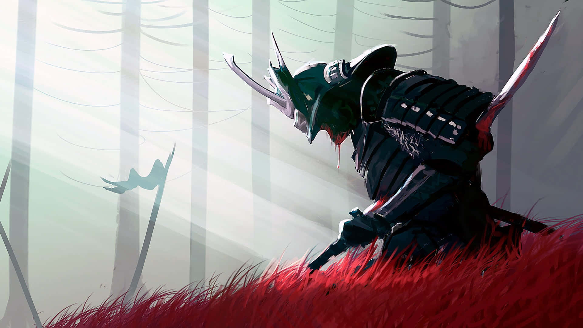 samurai, dark armor, vibrant red grass, Full HD Desktop Wallpaper