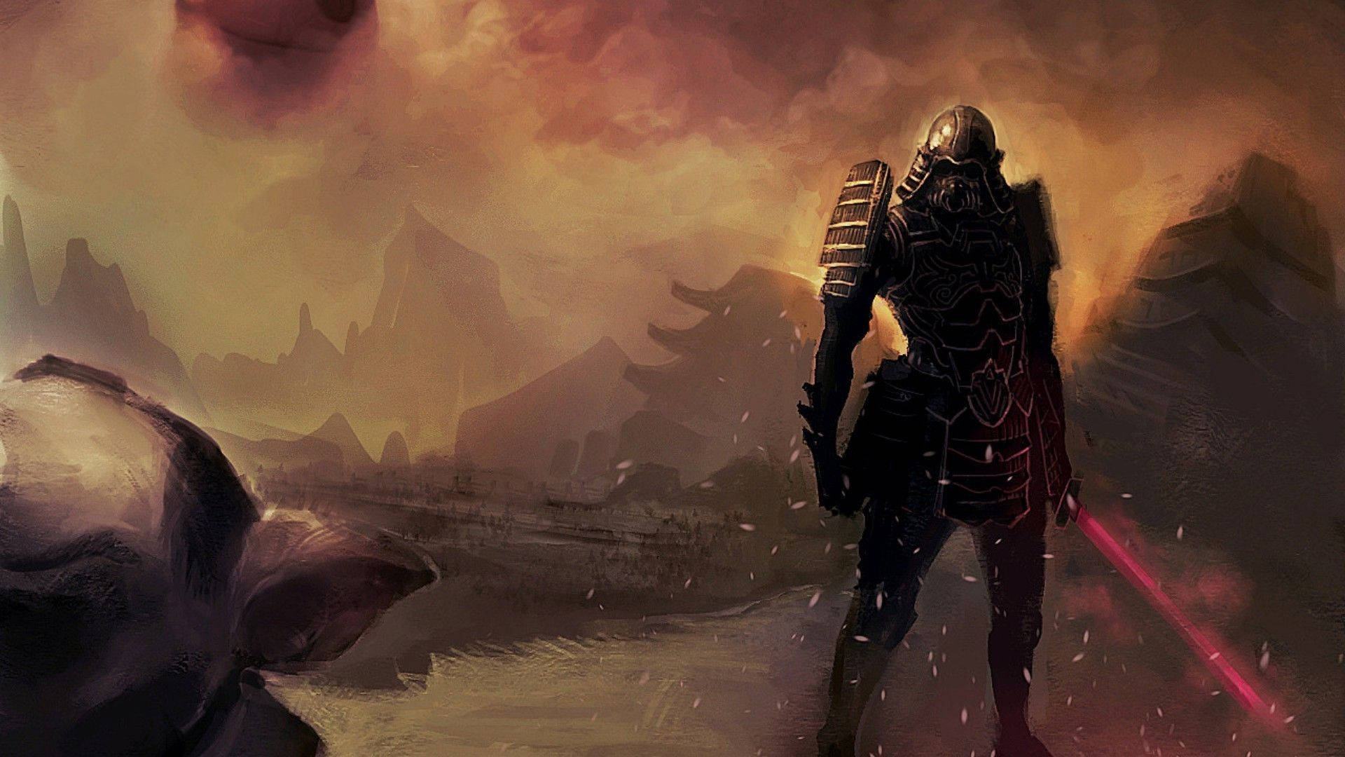 Samurai Art, glowing red lightsaber, fiery orange sky, Full HD Desktop Wallpaper