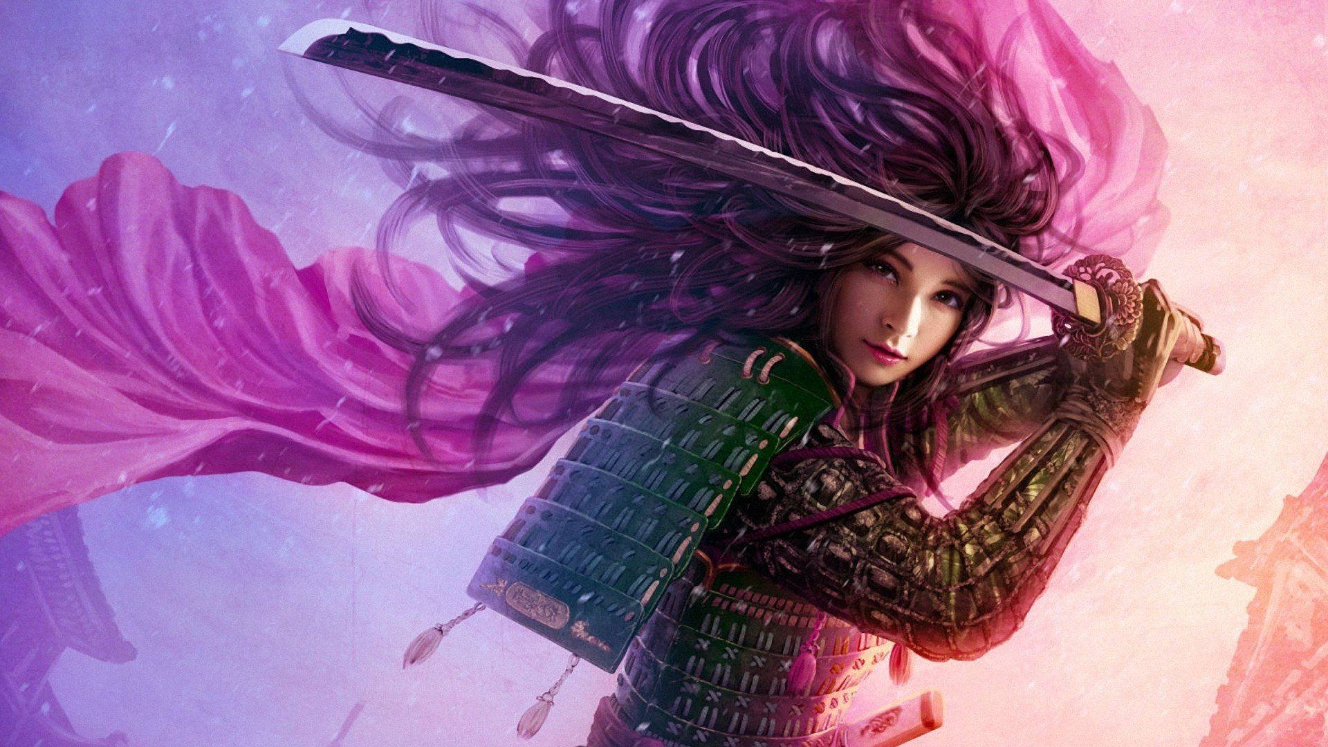 Female Samurai Art, purple hair, sword, Full HD Desktop Wallpaper