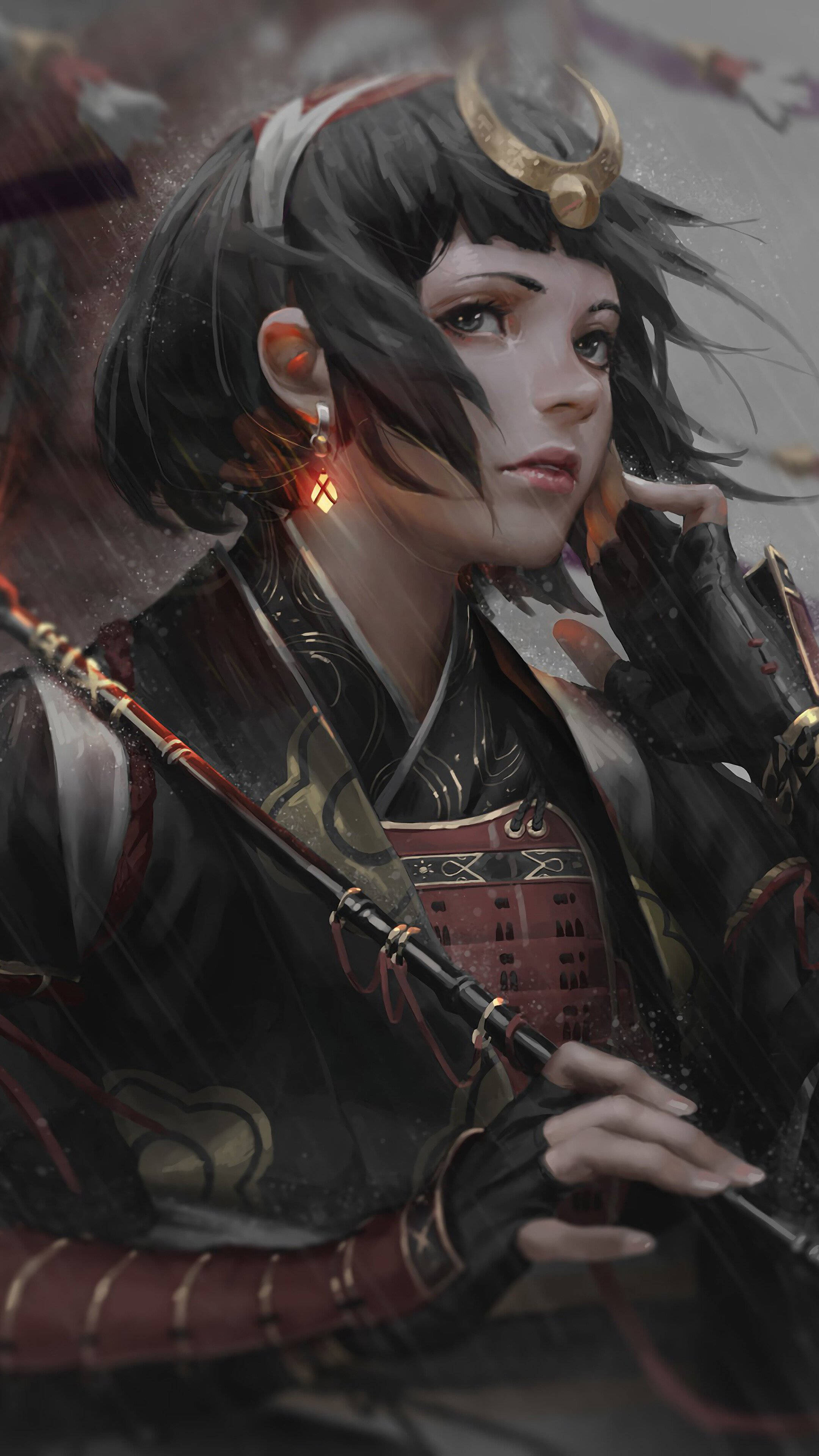 samurai warrior, dark hair, golden horned headpiece, 4K Phone Wallpaper