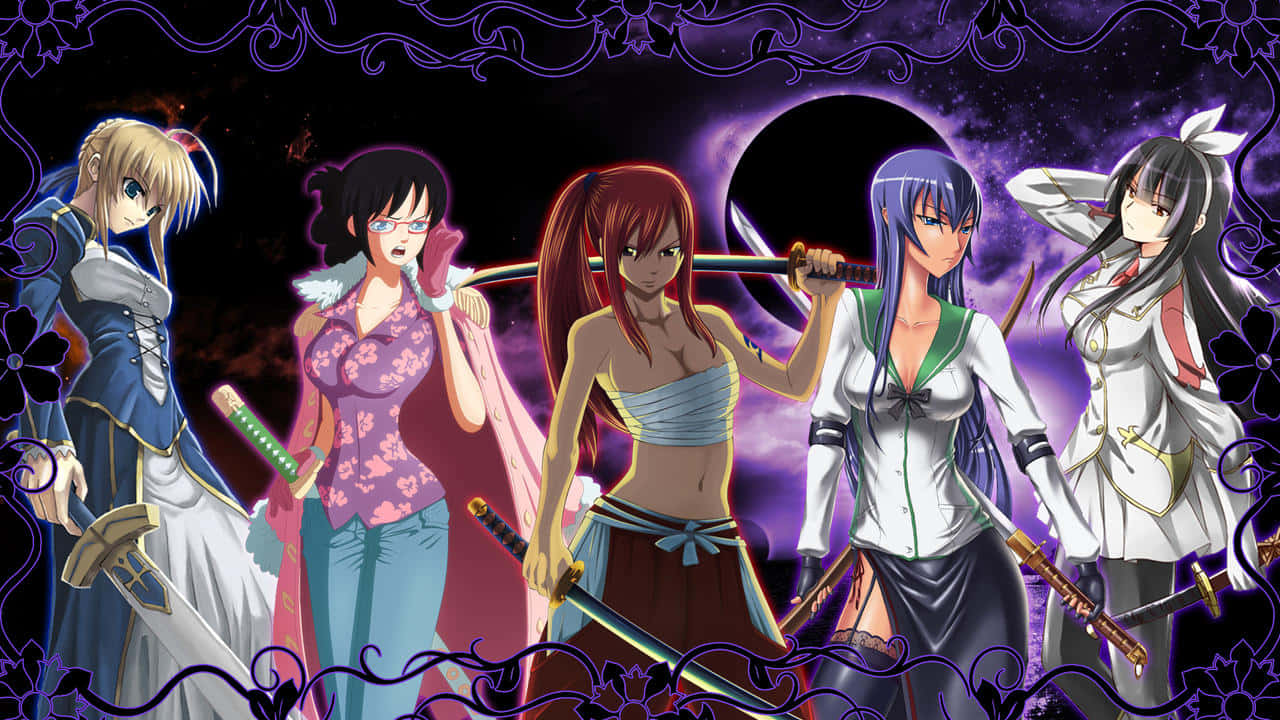 Samurai Anime, female sword users, cosmic purple backdrop, HD Desktop Wallpaper