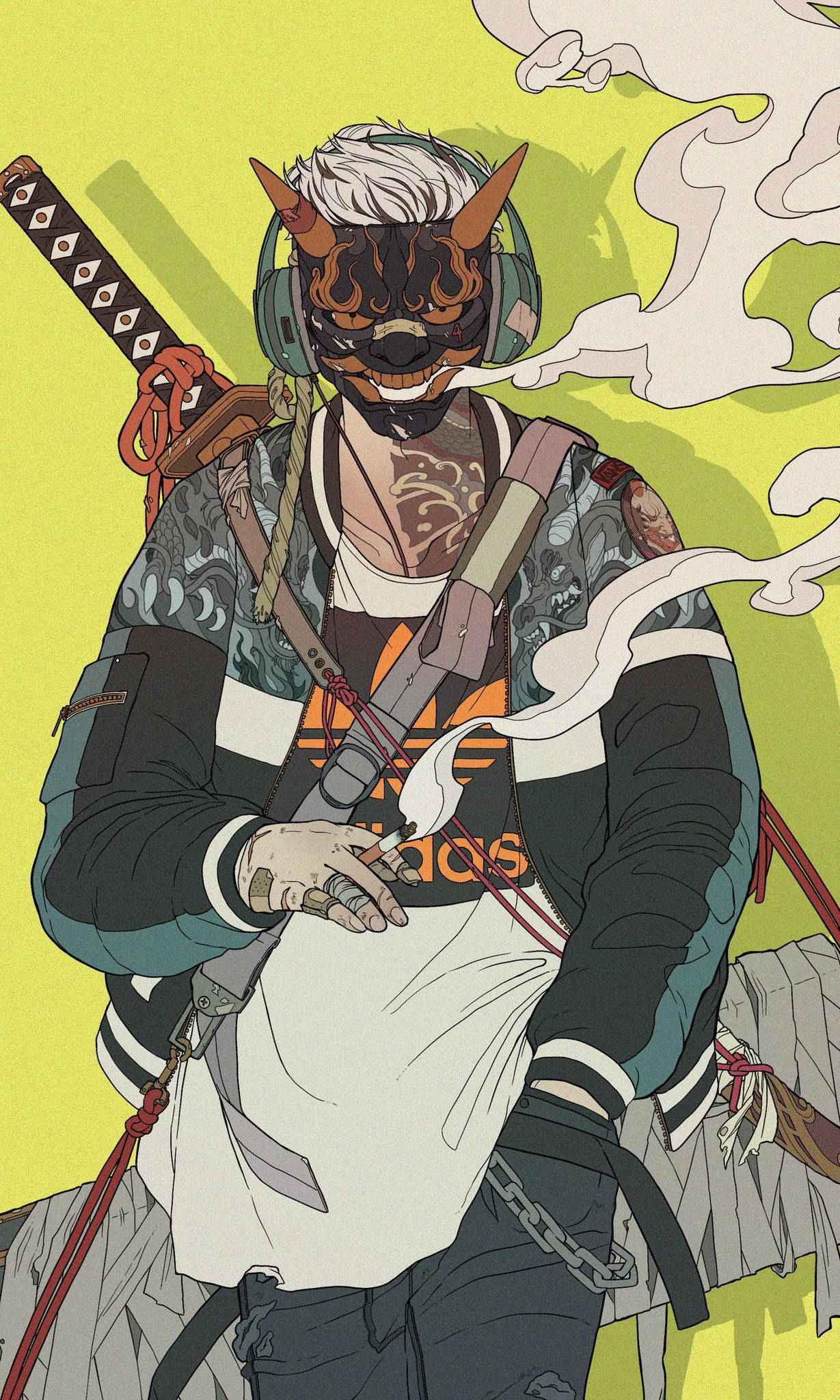 Modern Day Samurai Art, devil horns, mask, Full HD Phone Wallpaper