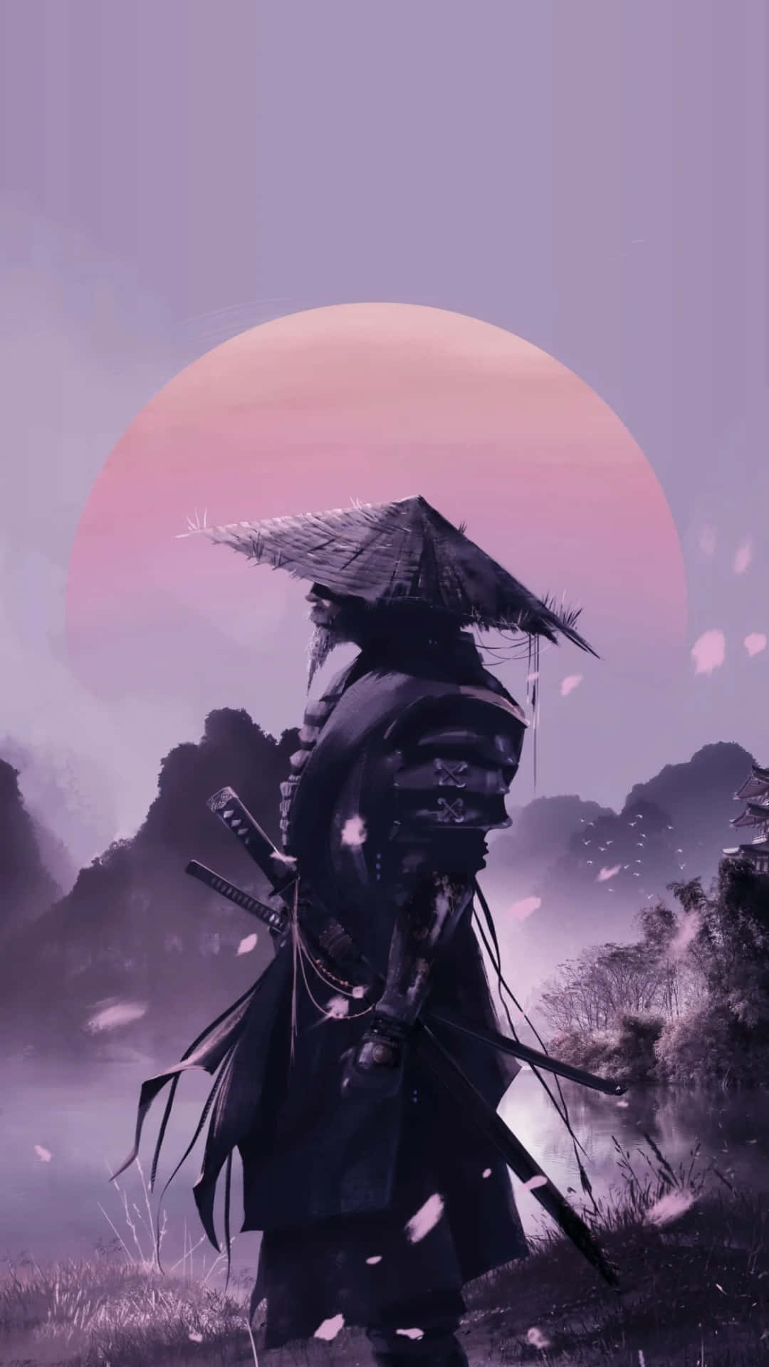 purple Japanese samurai, pink sun, misty mountain valley, Full HD Phone Wallpaper