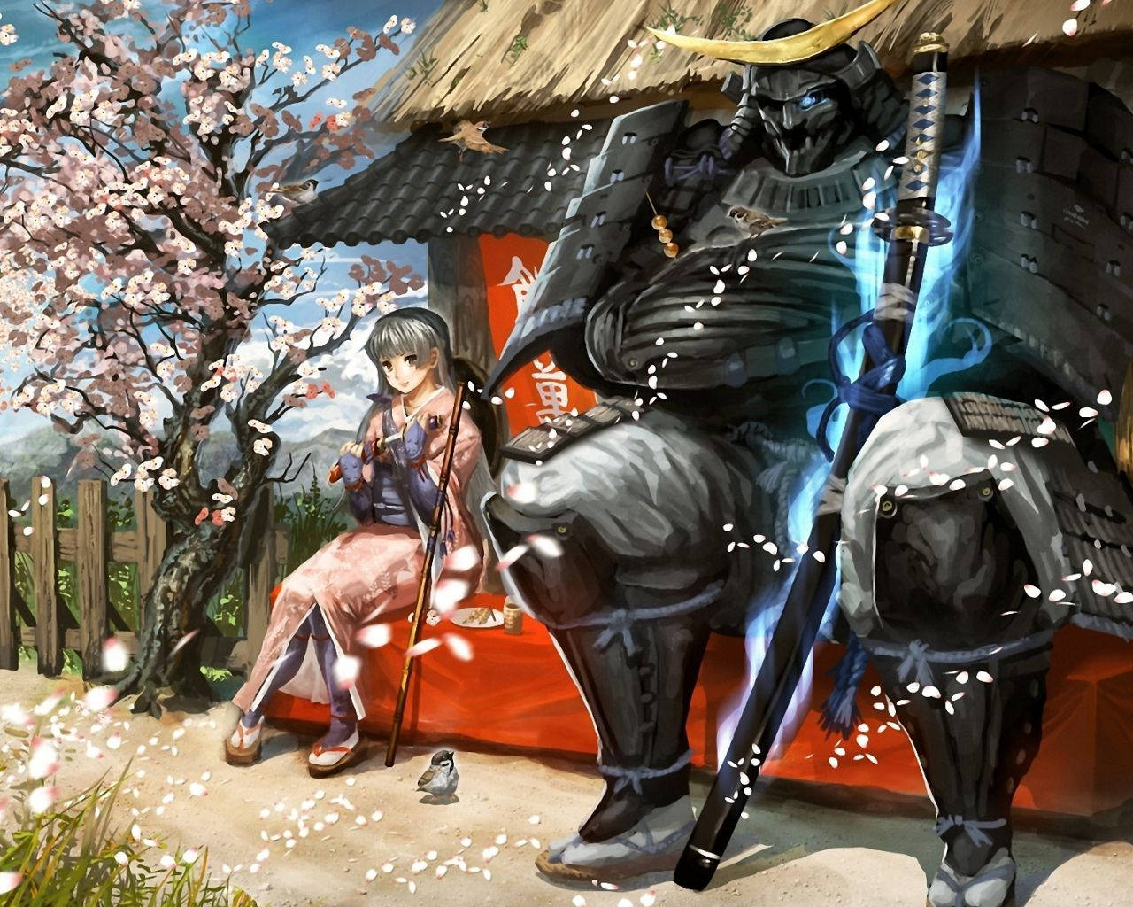 samurai art, pink kimono, towering armored samurai, HD Desktop Wallpaper