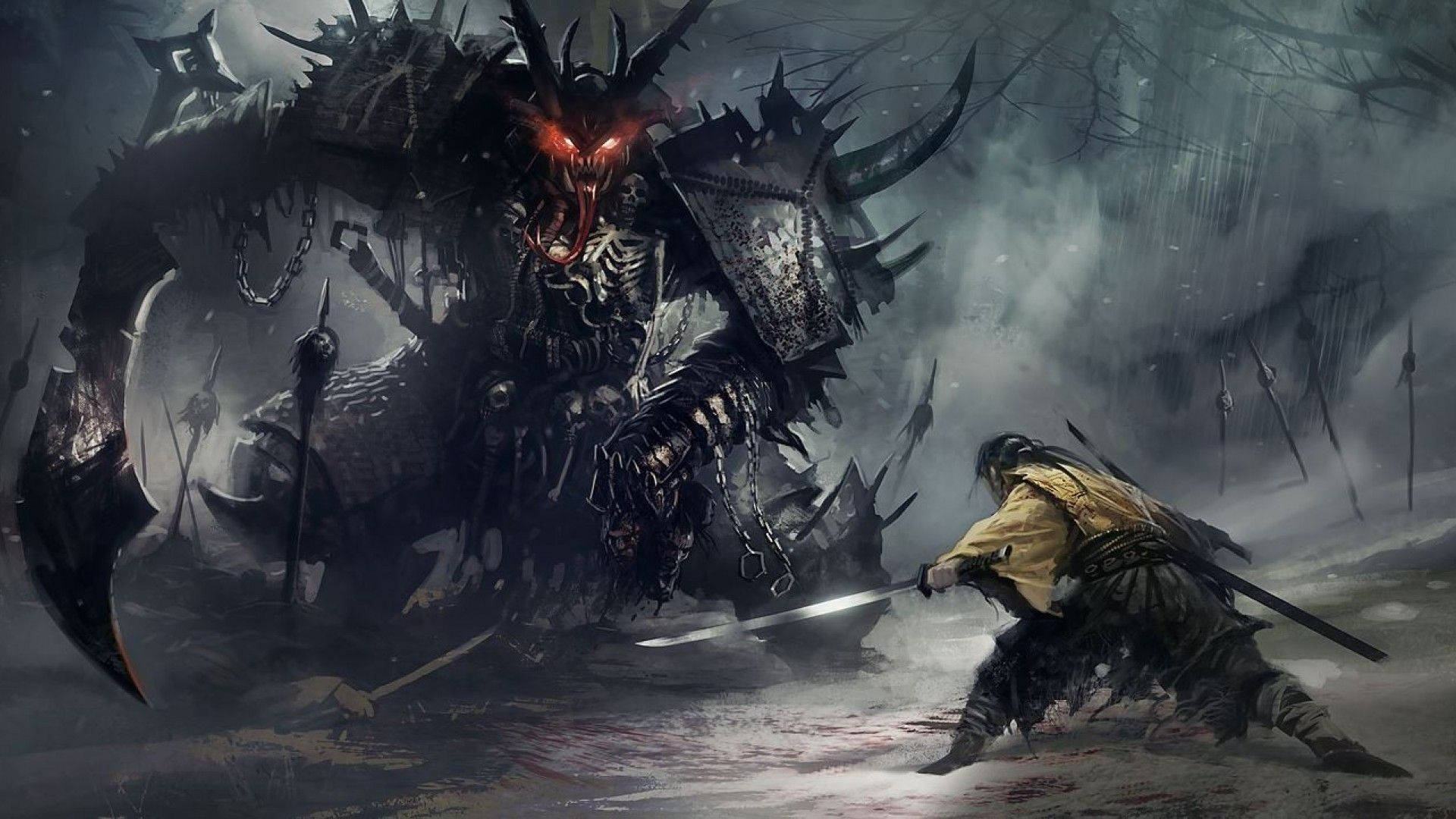 samurai, yellow armor, demonic beast, Full HD Desktop Wallpaper