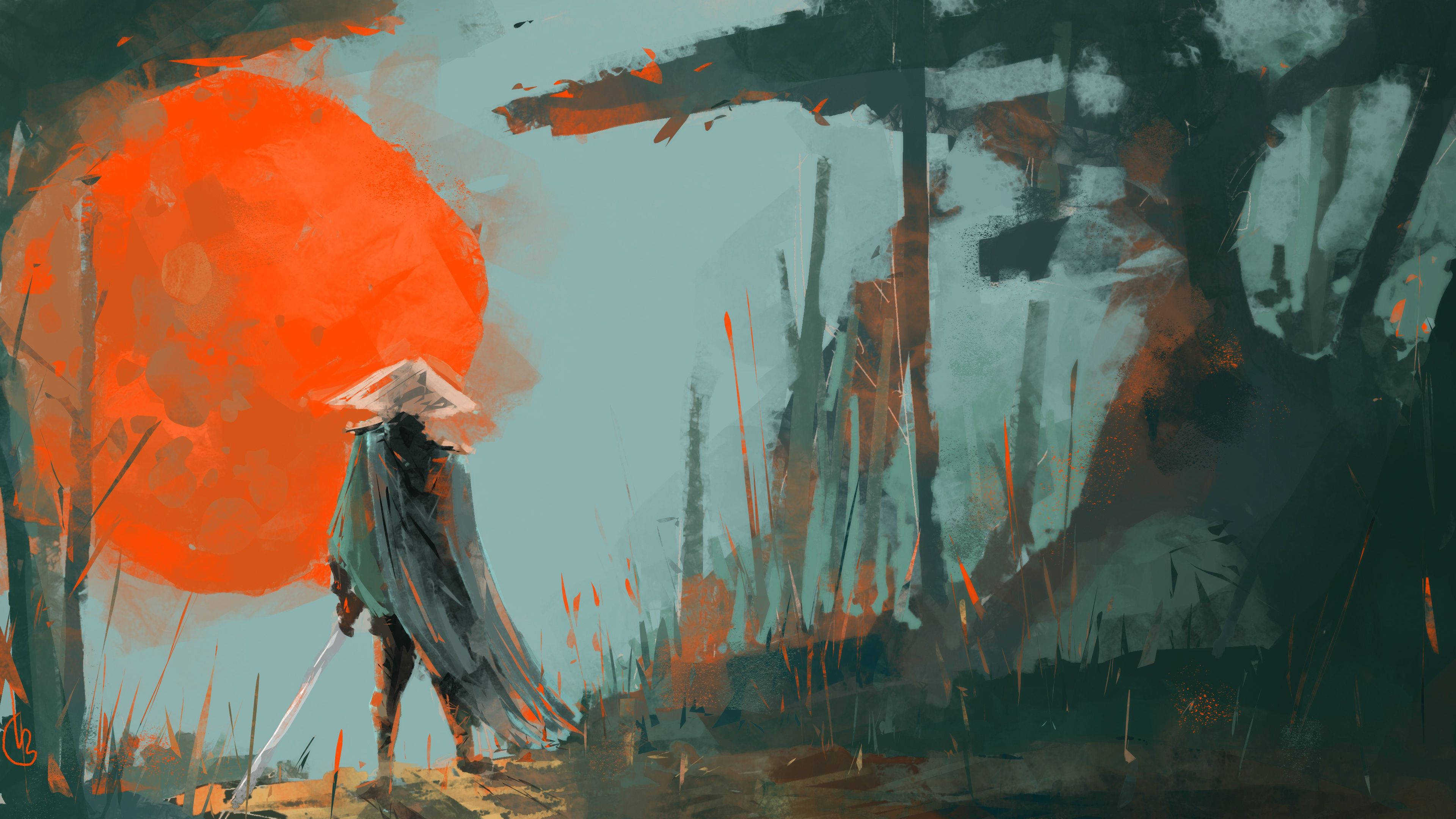 Samurai Warrior, conical hat, massive orange sun, 4K Desktop Wallpaper
