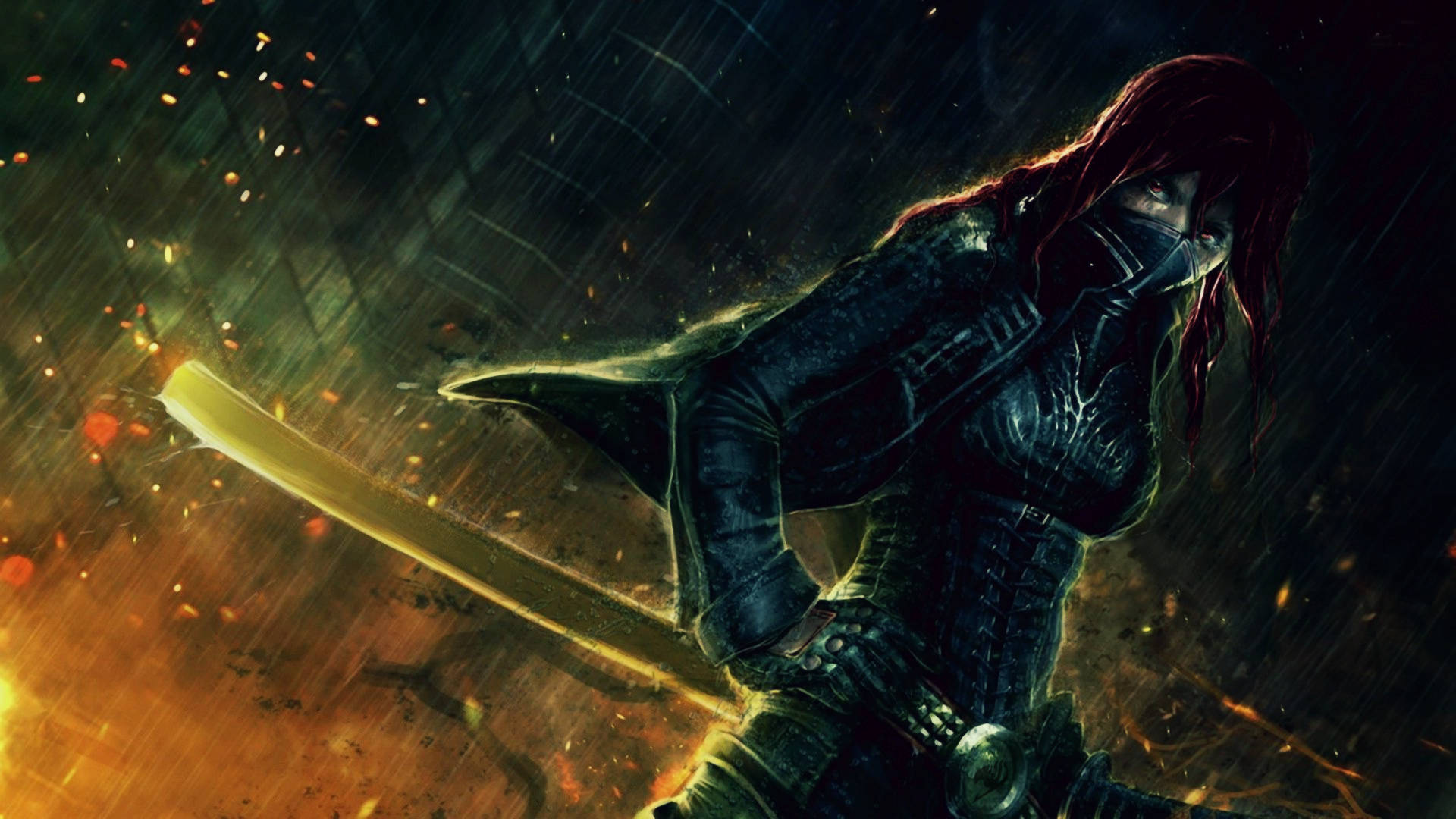 Samurai Art, masked warrior, red hair, Full HD Desktop Wallpaper