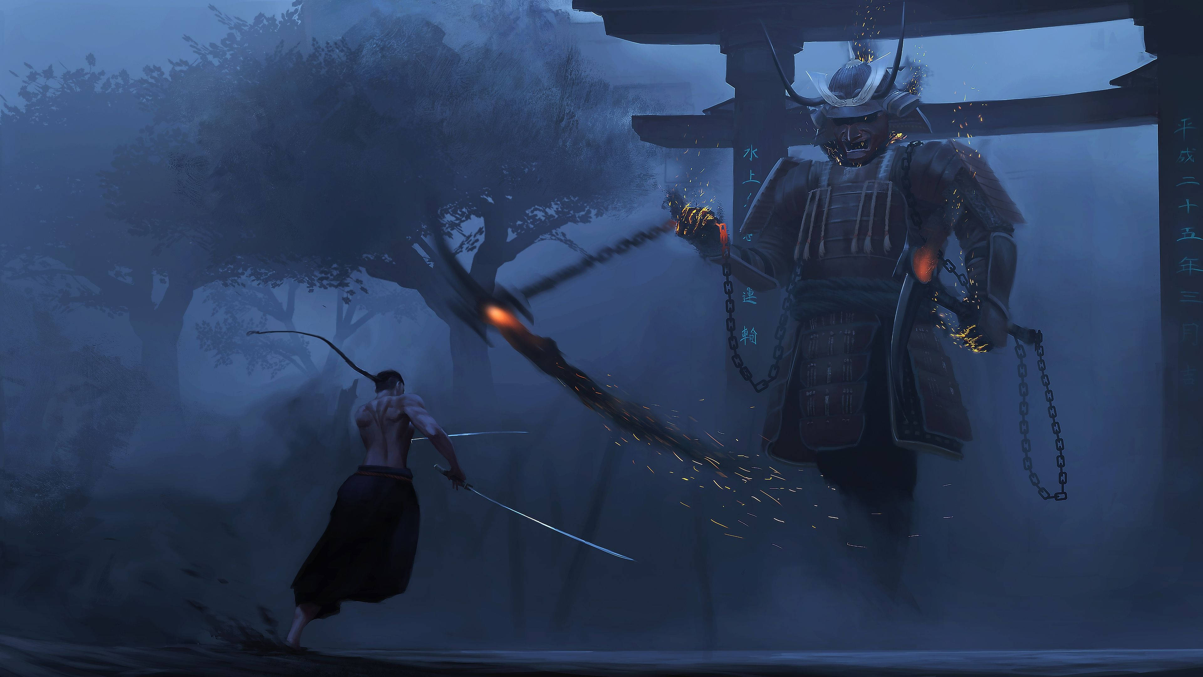 Samurai, flaming chain-wielding samurai ghost, misty torii gate, 4K Desktop Wallpaper