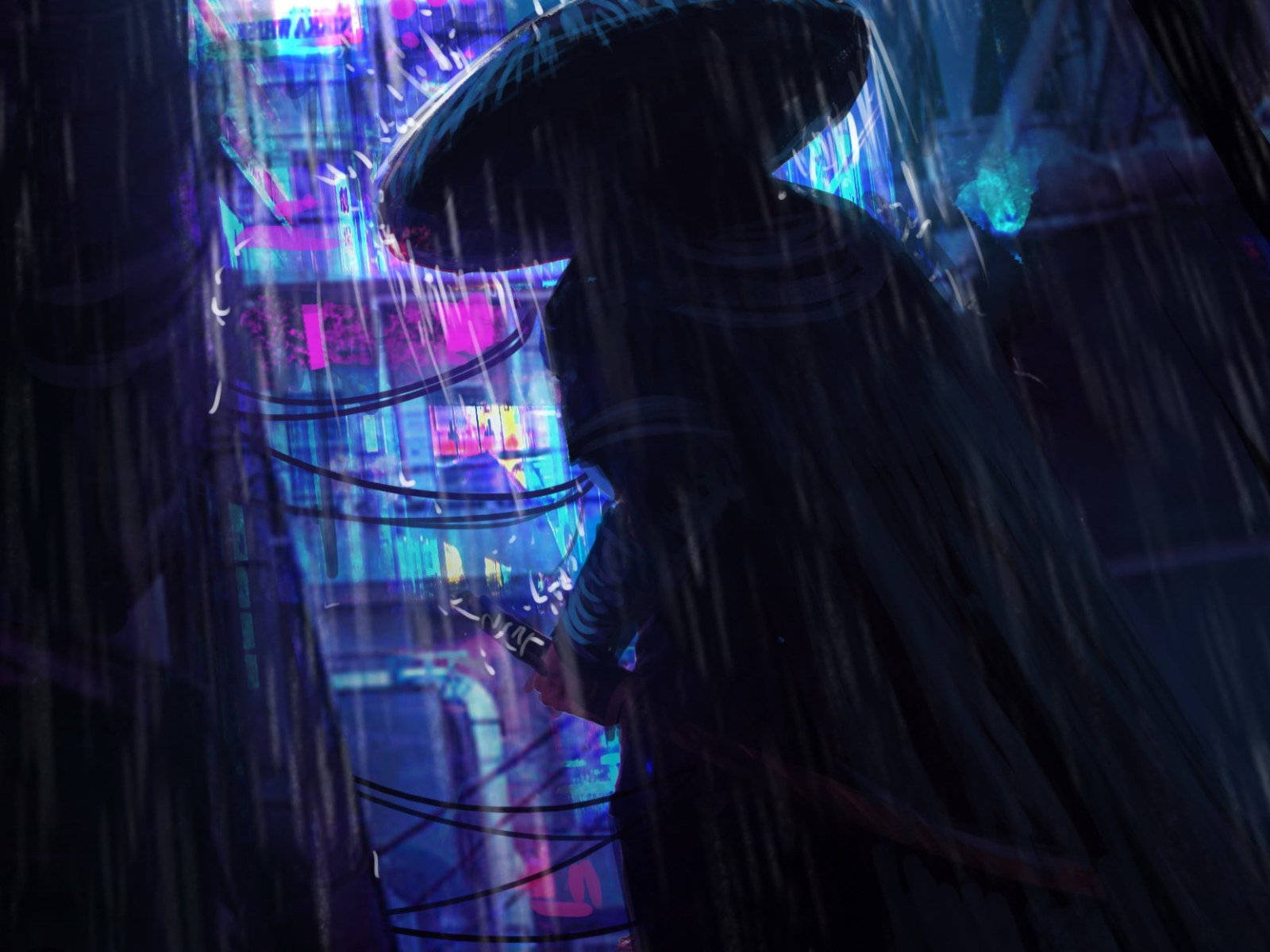 Samurai Art, neon-lit cyberpunk alley, rain-slicked, HD Desktop Wallpaper