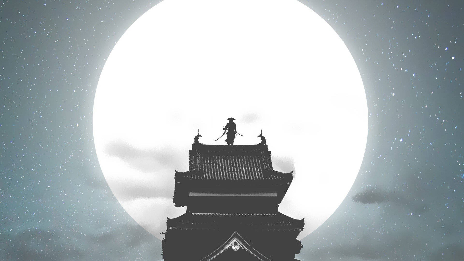 samurai, traditional Japanese pagoda, glowing full moon, Full HD Desktop Wallpaper