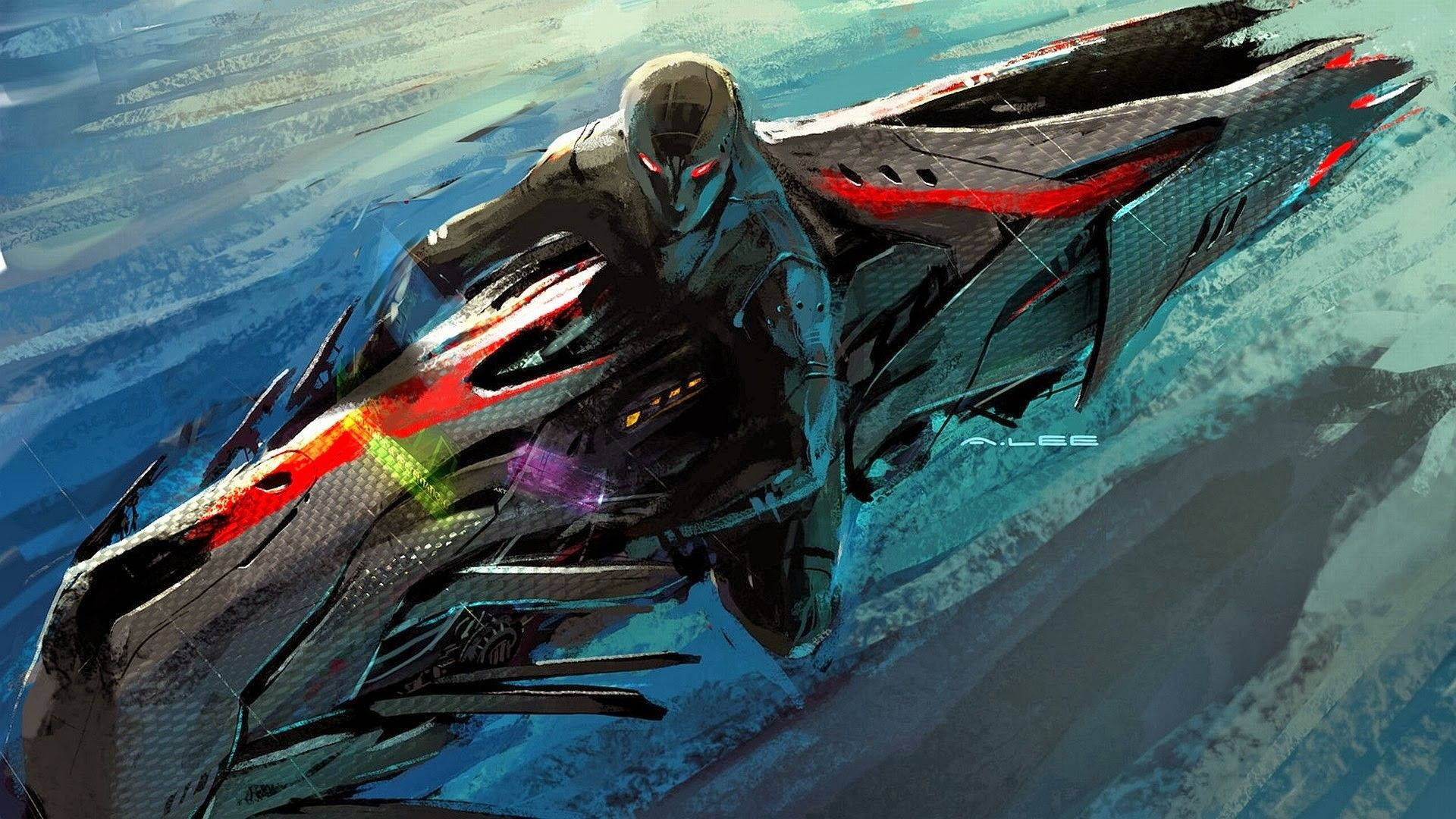 samurai art, futuristic pilot, sleek black and red jet suit, Full HD Desktop Wallpaper