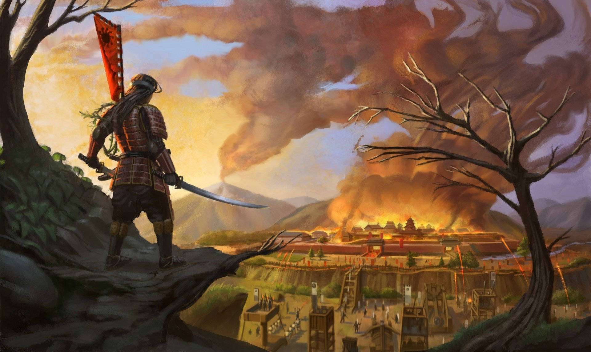 samurai warrior, cliff, burning village, Full HD Desktop Wallpaper