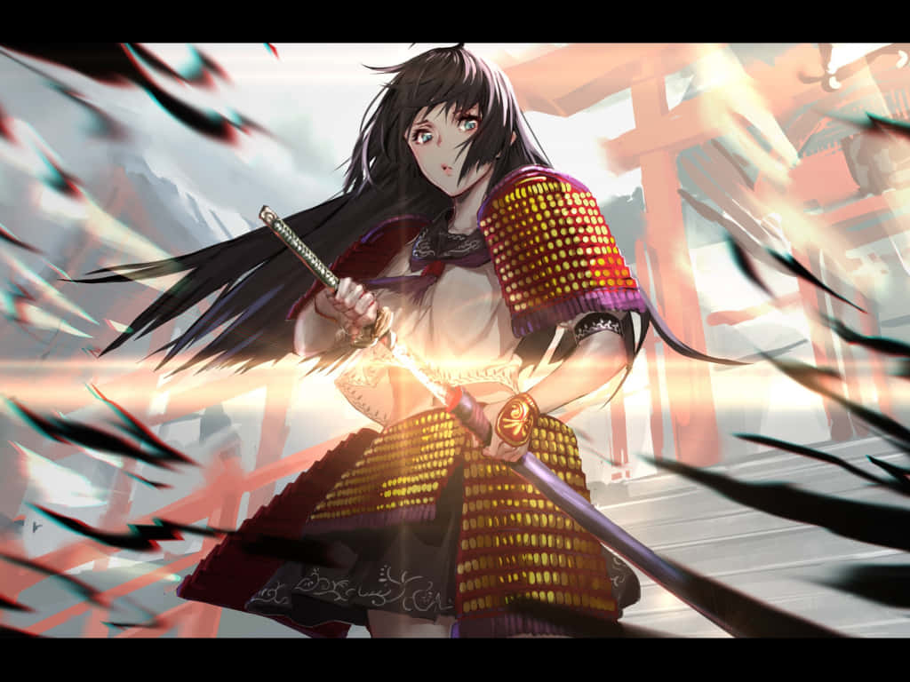 anime samurai girl, golden armor, glowing sword, SD Desktop Wallpaper