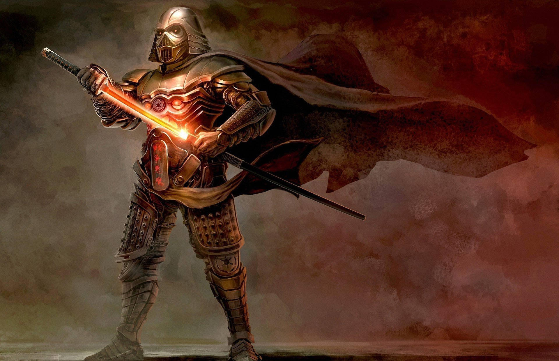 Samurai Art, glowing red lightsaber, smoky crimson backdrop, Full HD Desktop Wallpaper