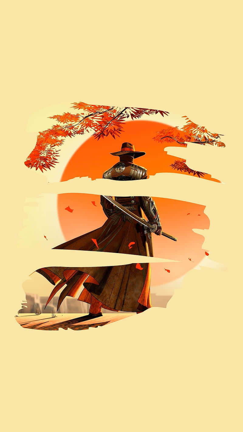 samurai warrior, vibrant orange sun, autumn leaves, HD Phone Wallpaper
