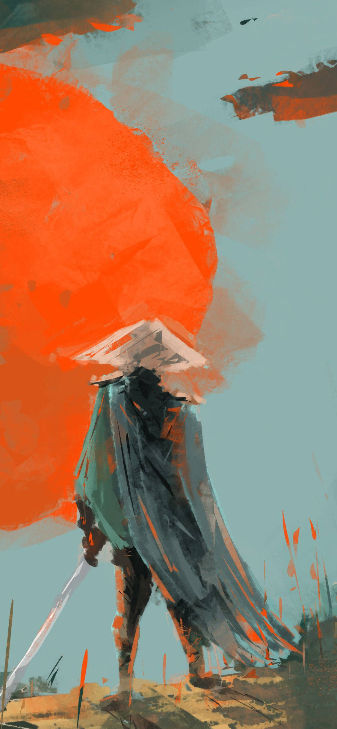 Samurai Art, conical hat, flowing cloak, Full HD Phone Wallpaper