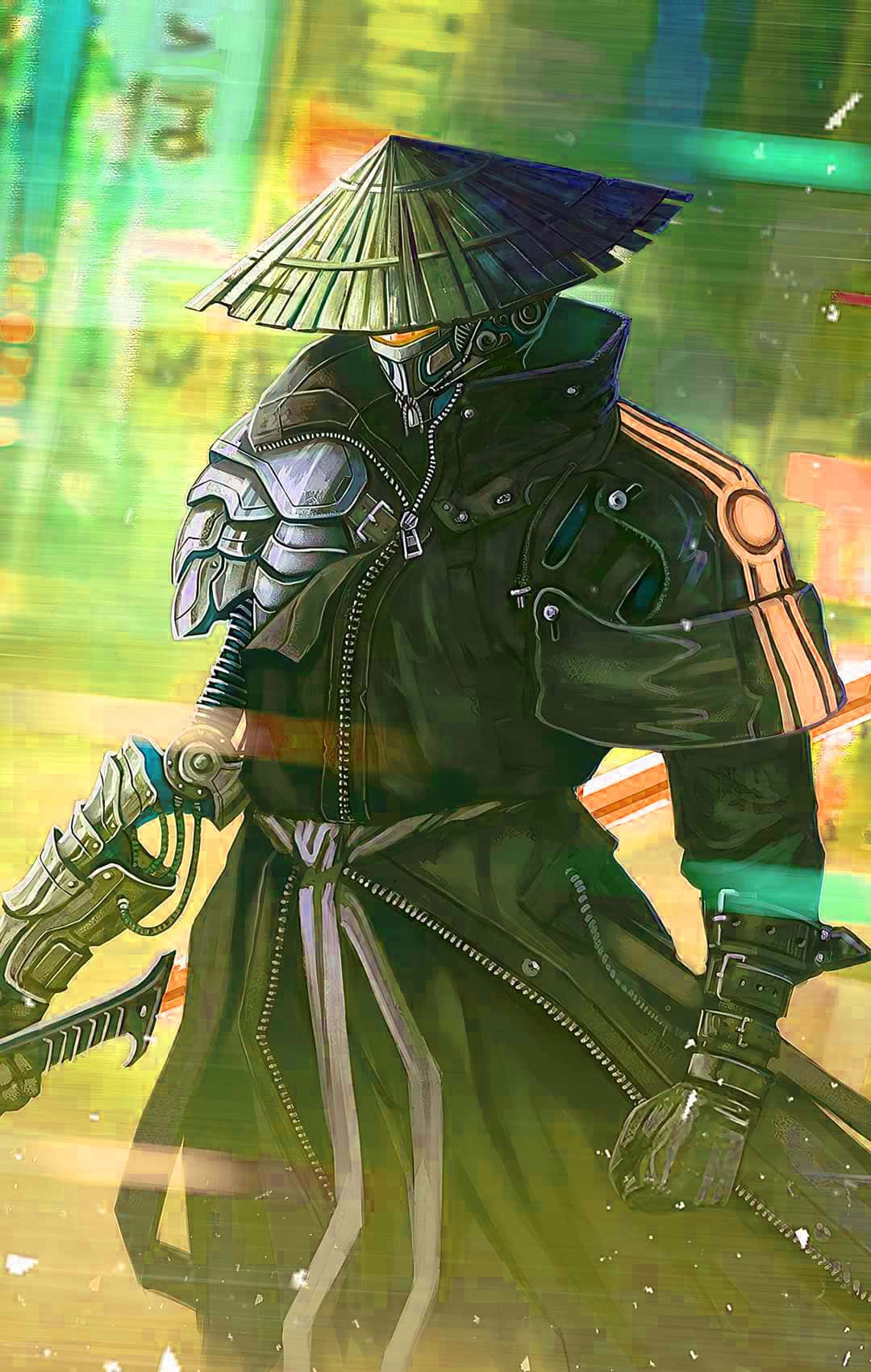 cyberpunk samurai, dark armor, wide-brimmed hat, HD Phone Wallpaper