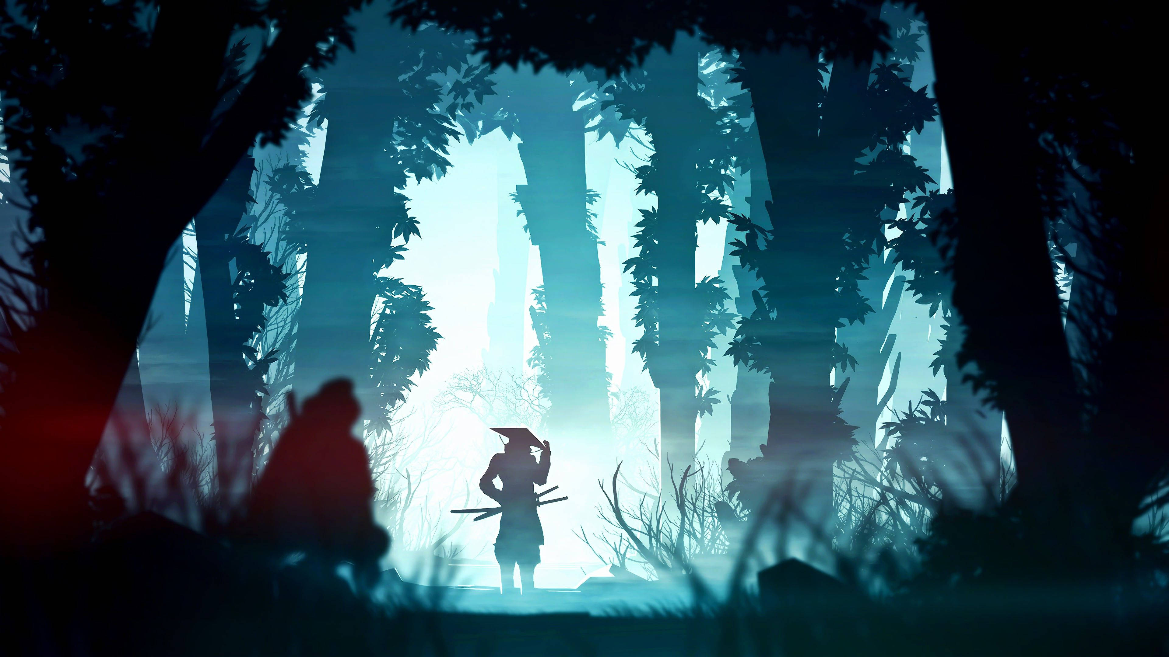 shadow of the coward, silhouetted warrior, misty forest, 4K Desktop Wallpaper