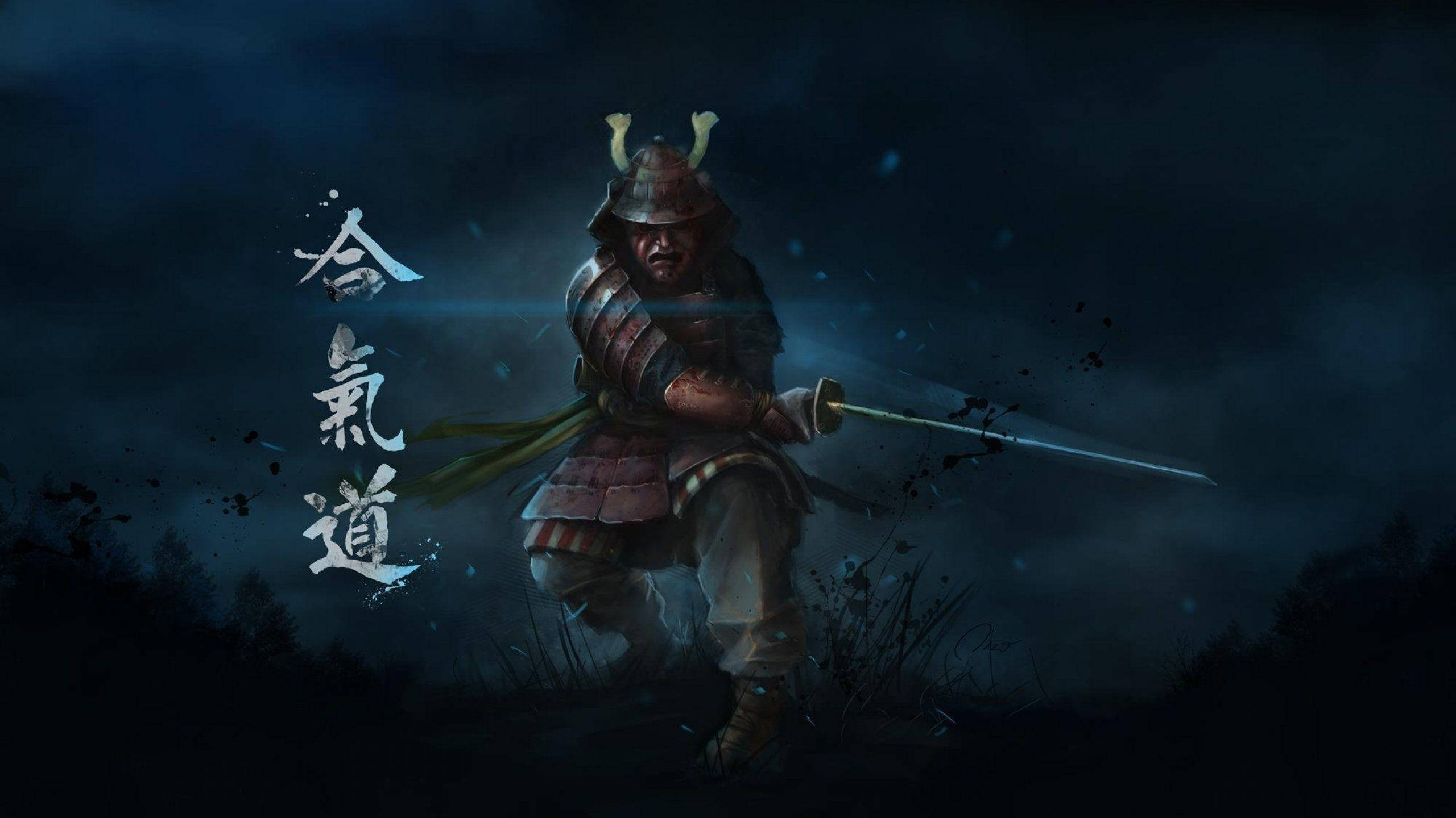 samurai warrior, dark armor, glowing sword, 2K Desktop Wallpaper