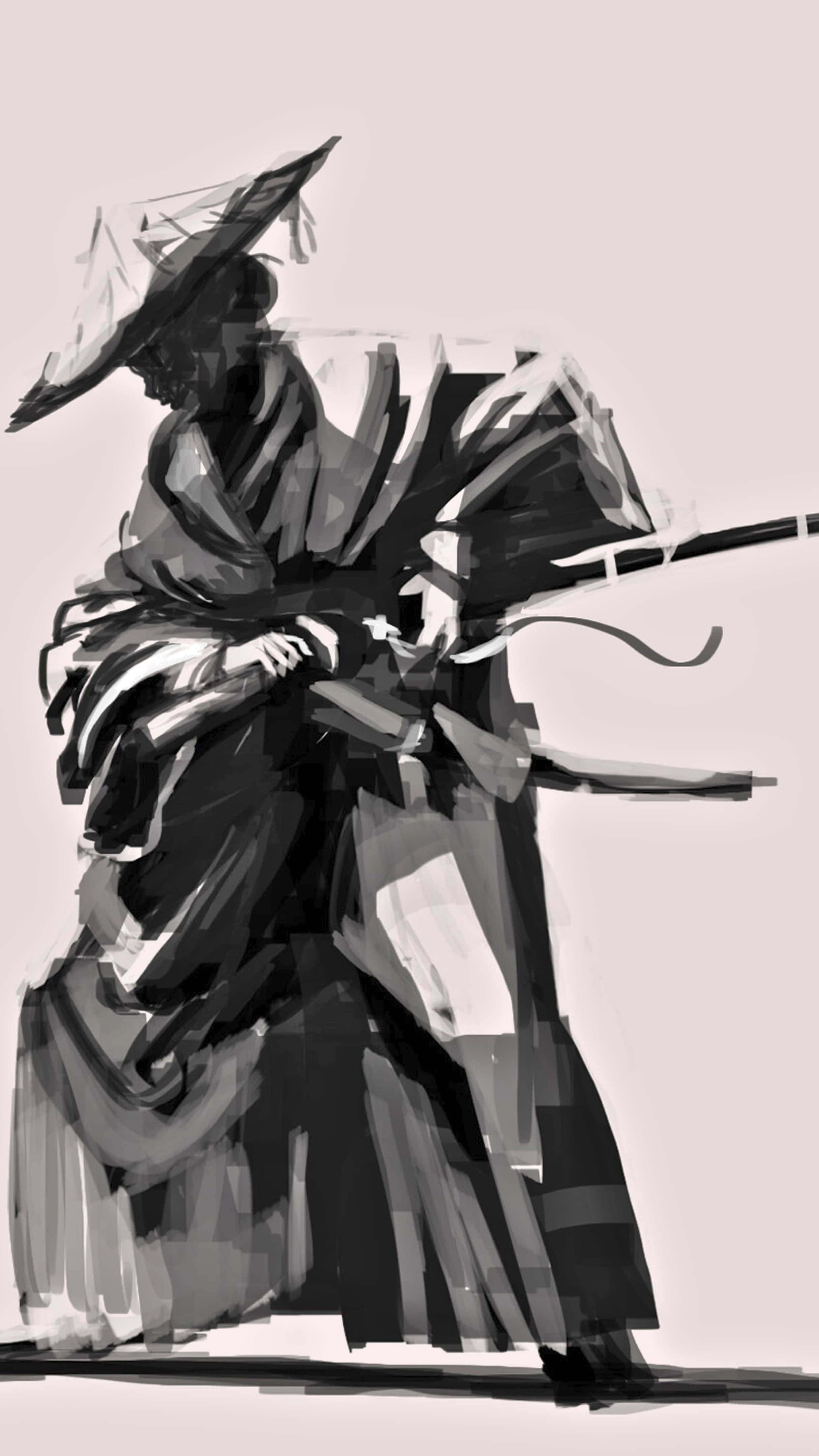 samurai, traditional robes, wide-brimmed hat, 4K Phone Wallpaper