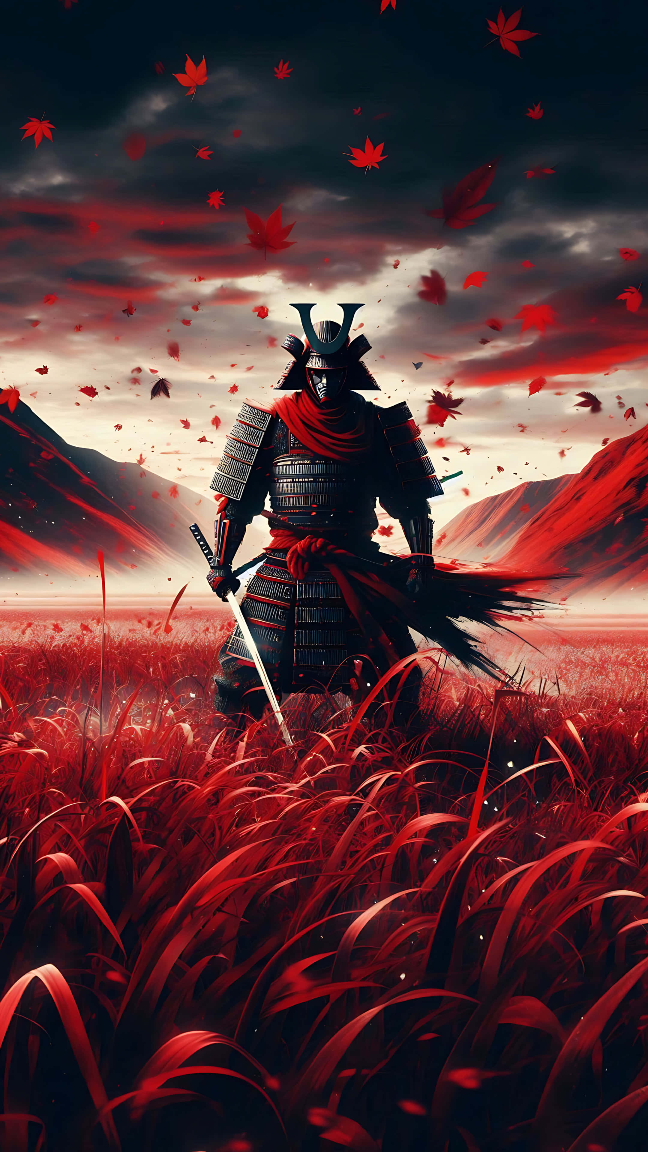 samurai, dark armor, red grass, 4K Phone Wallpaper