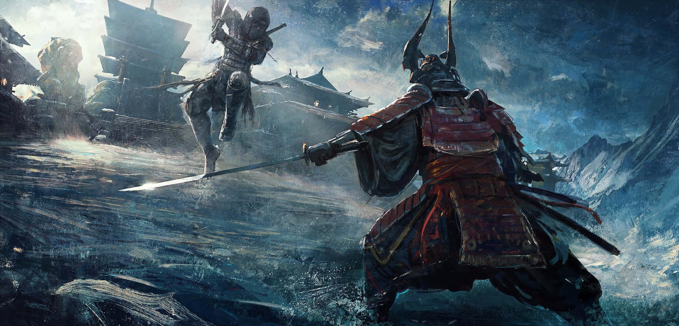 Samurai Battle, stormy coastal village, traditional Japanese architecture, Full HD Desktop Wallpaper