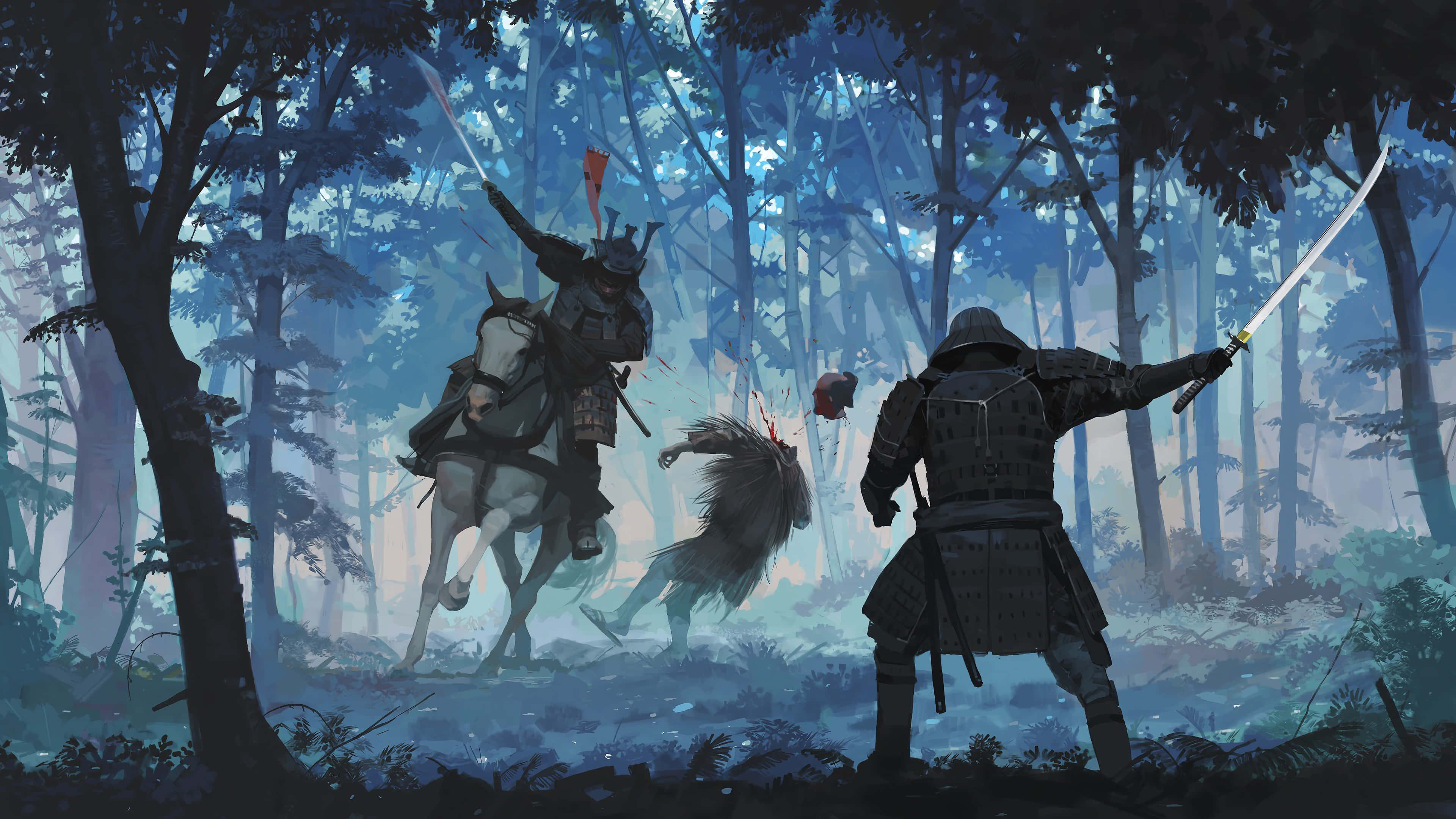 samurai battle, misty forest, horseback, 4K Desktop Wallpaper