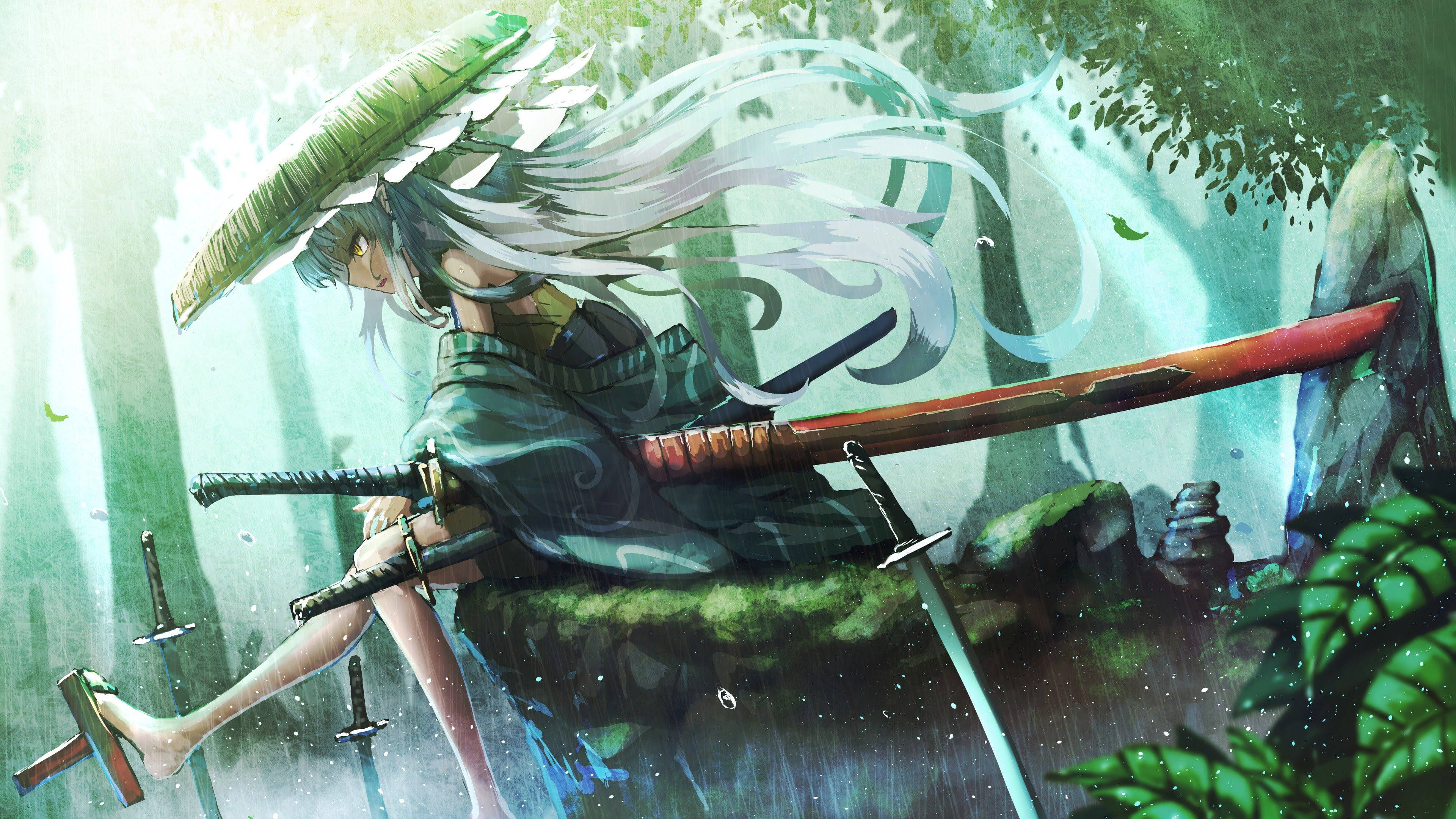 anime samurai, silver-haired anime warrior, green umbrella, 4K Desktop Wallpaper