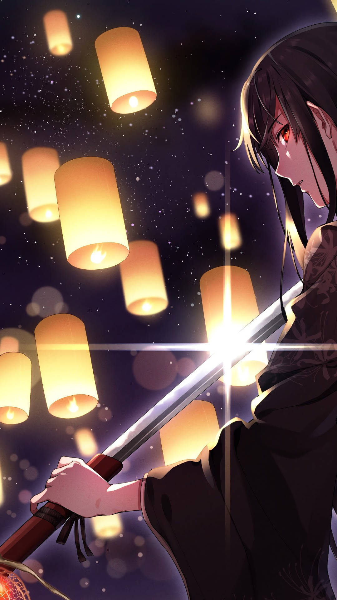 anime samurai, dark-haired anime girl, red eyes, Full HD Phone Wallpaper