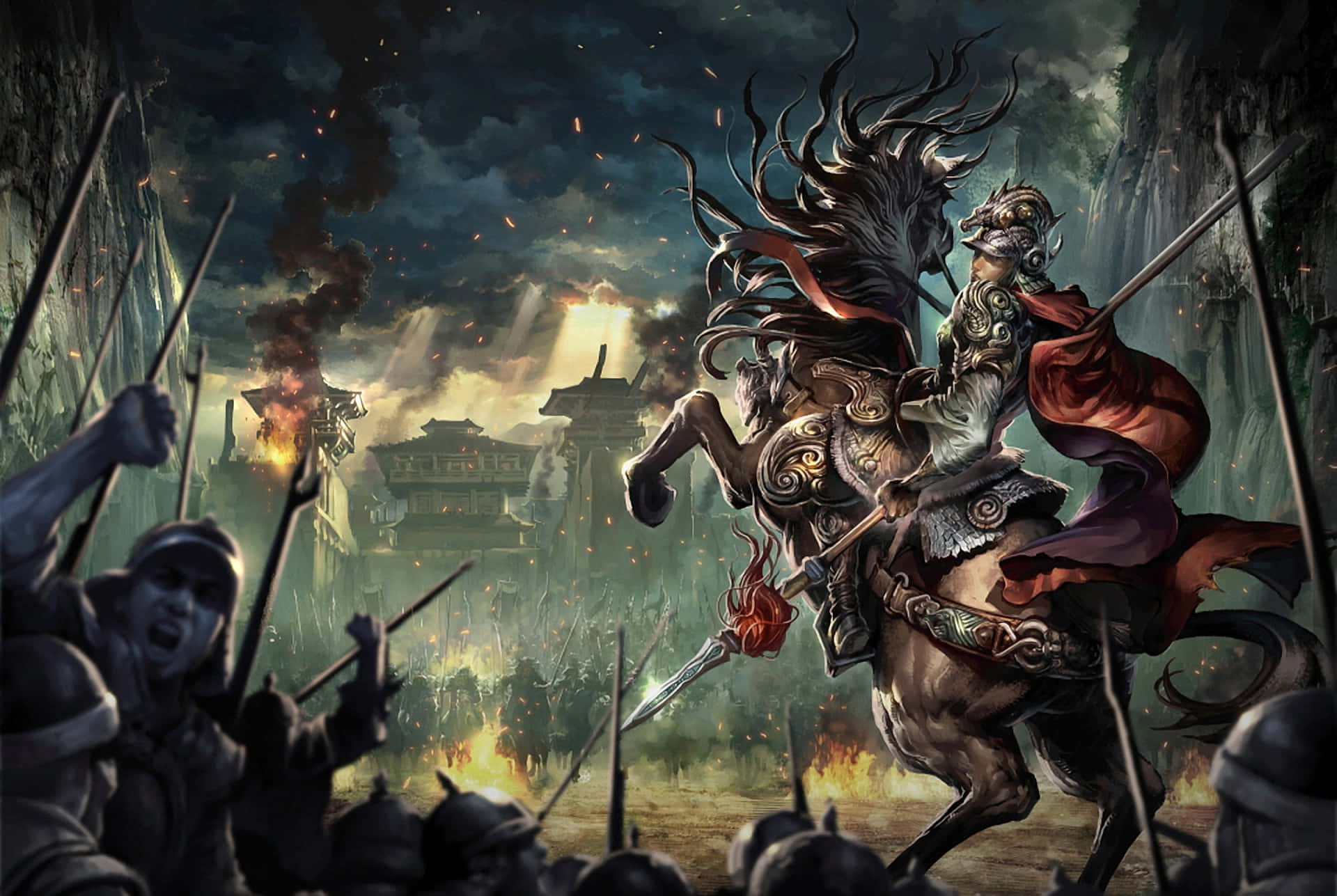 Samurai Battle, Sunset, burning battlefield, Full HD Desktop Wallpaper